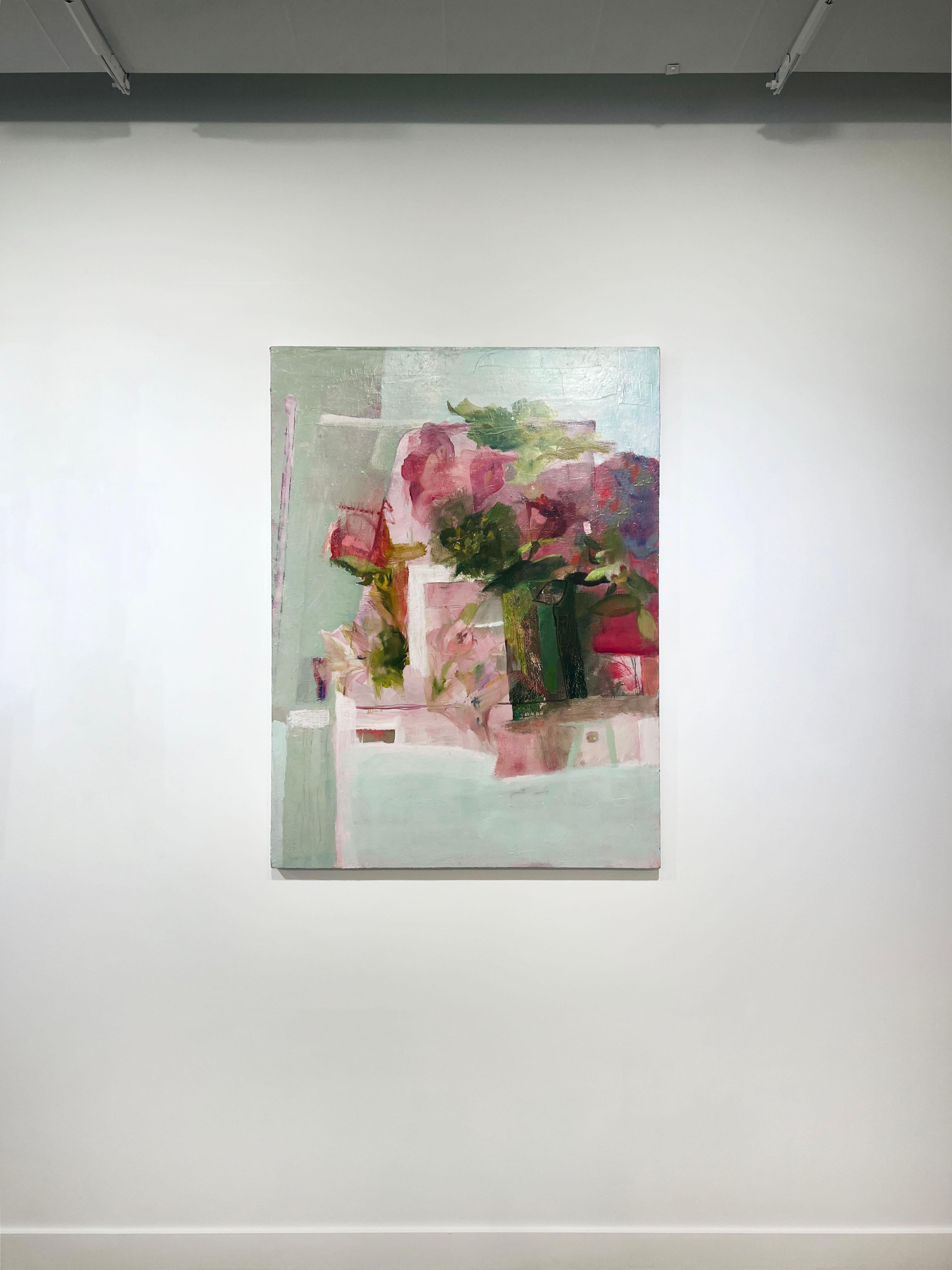 This abstracted floral painting by Christine Averill-Green is made with oil paint and gouache on gallery-wrapped canvas. It features a light, pastel palette, with varying green and pink tones applied in light, almost washy layers. The painting is