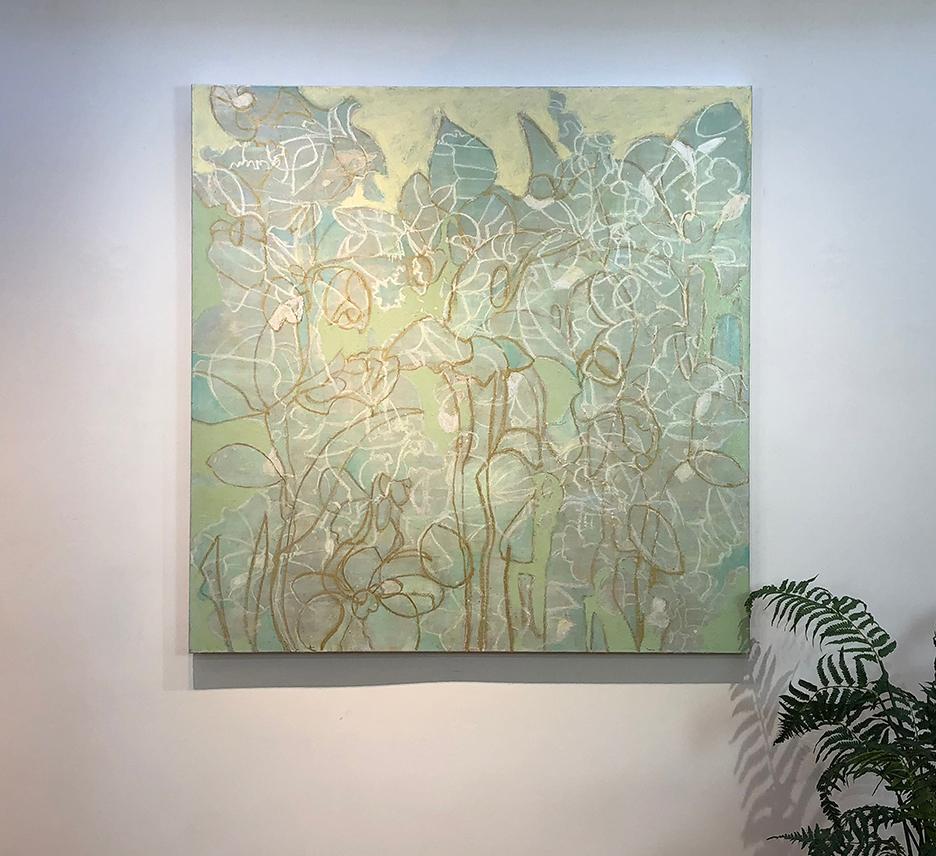 This large abstract floral painting by Christine Averill-Green depicts an abstracted garden. Textured, shimmering greens and yellows are the primary colors in this organic piece, while earthy sepia and white make up the botanical shapes. The unique