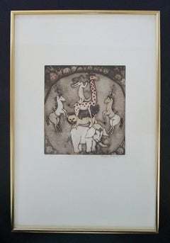CHRISTINE CHAGNOUX - 'Circus Crocodile' - Framed Color Etching - France - C.1970