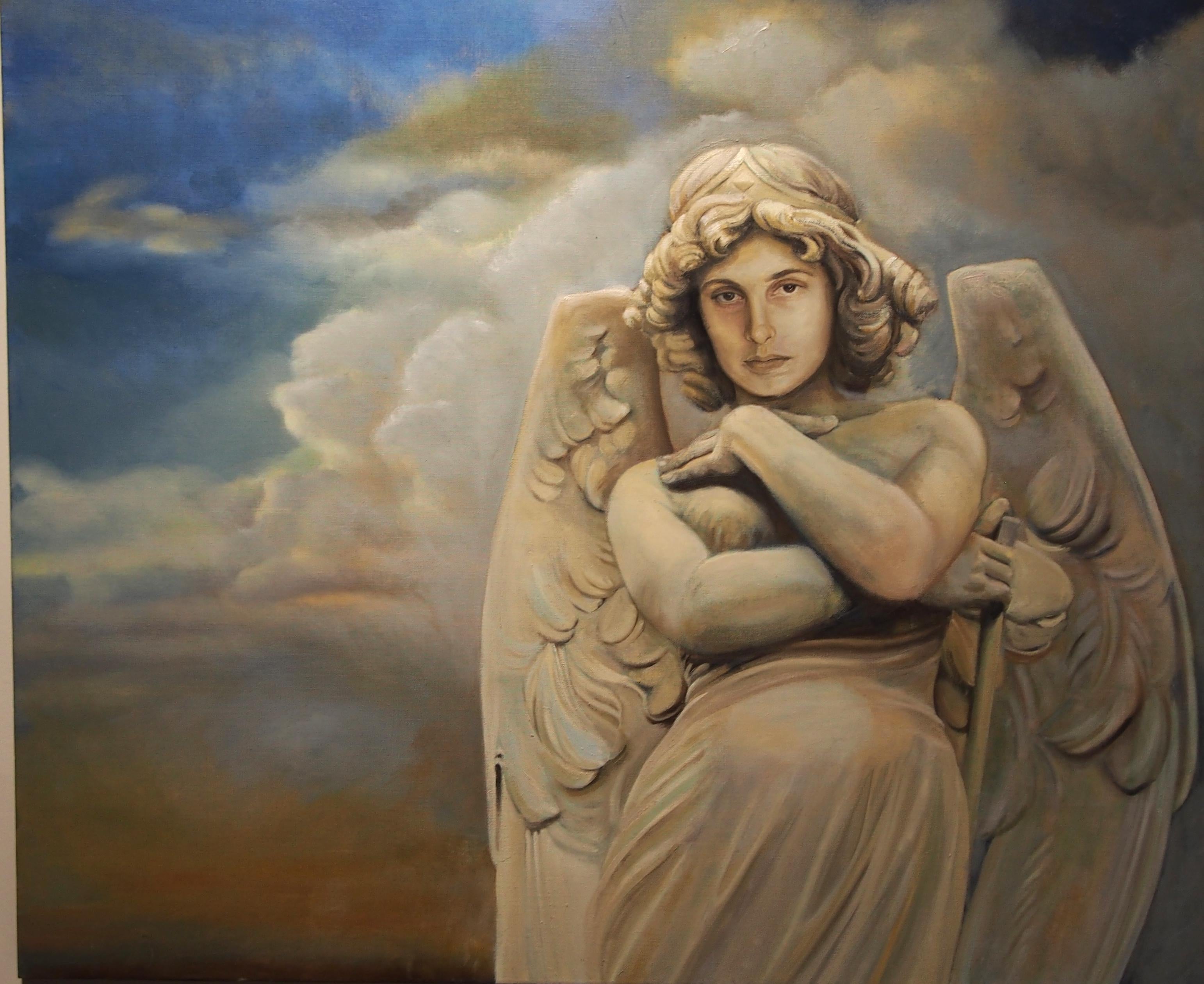 This painting is one of a series of paintings of cemetery stone angels - reimagined. The cemetery angel represents the best aspects of humanity in that they are monuments that are erected by grieving individuals for loved ones. They are expressions