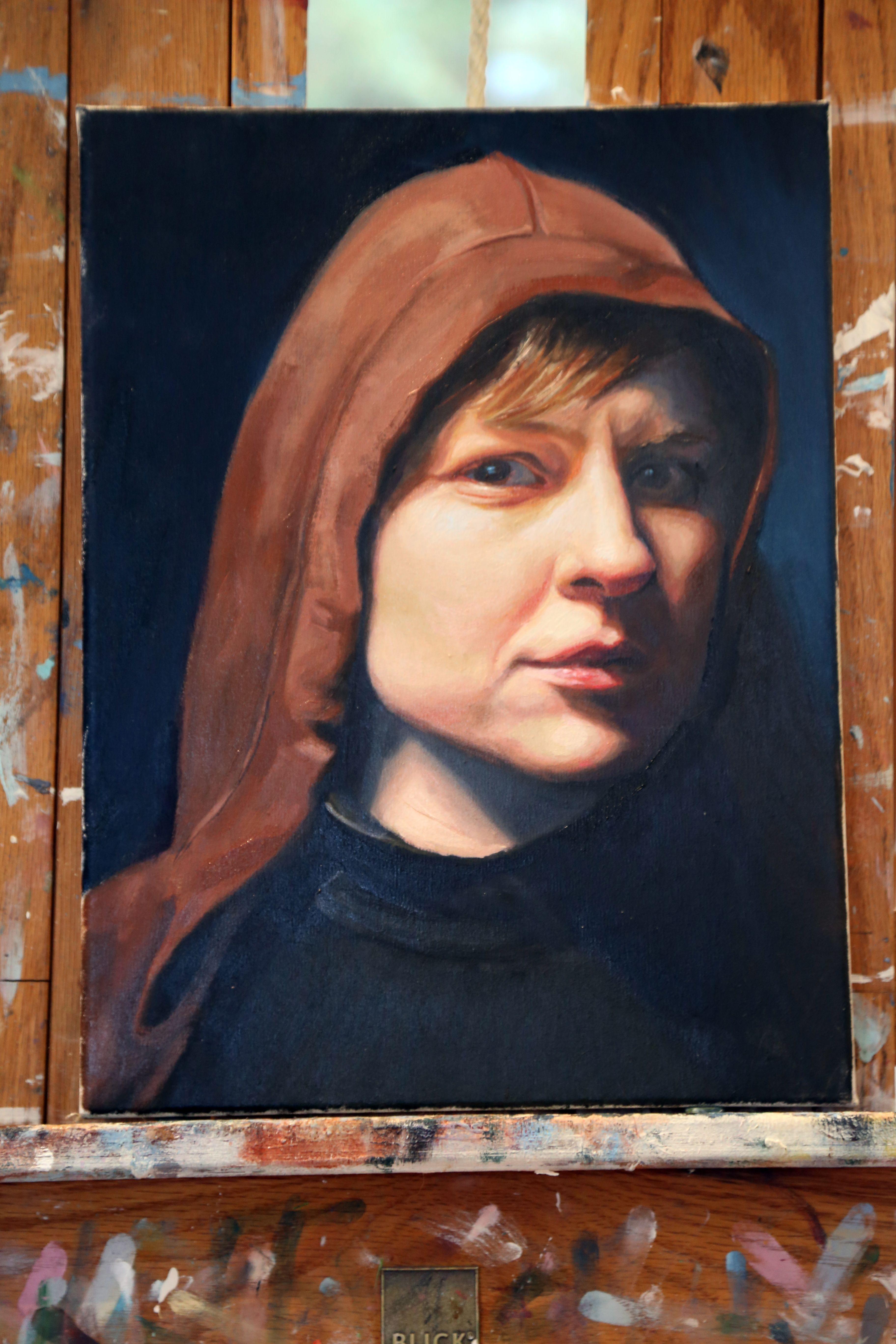 Portrait of a woman wearing a Hoodie, Painting, Oil on Canvas For Sale 1