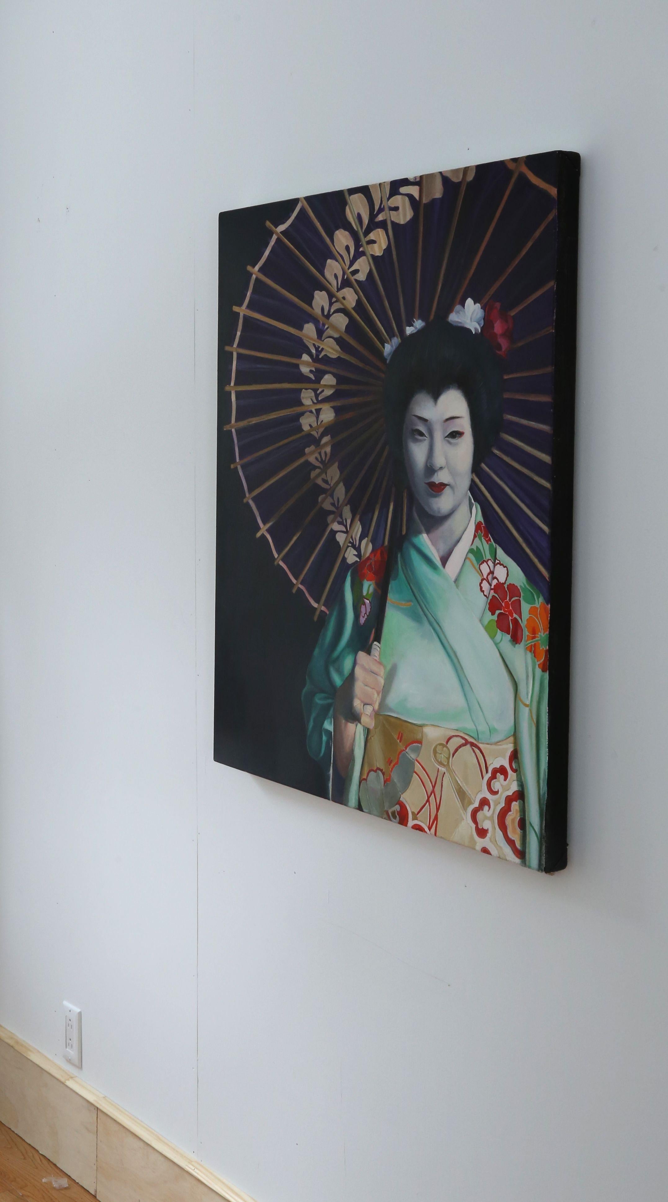Questo è il ritratto di una donna vestita con il kimono e il trucco tradizionale di un'apprendista geisha, nota come maiko. Tiene in mano un ombrello giapponese.  :: Pittura :: Realismo :: Questo pezzo viene fornito con un certificato ufficiale di