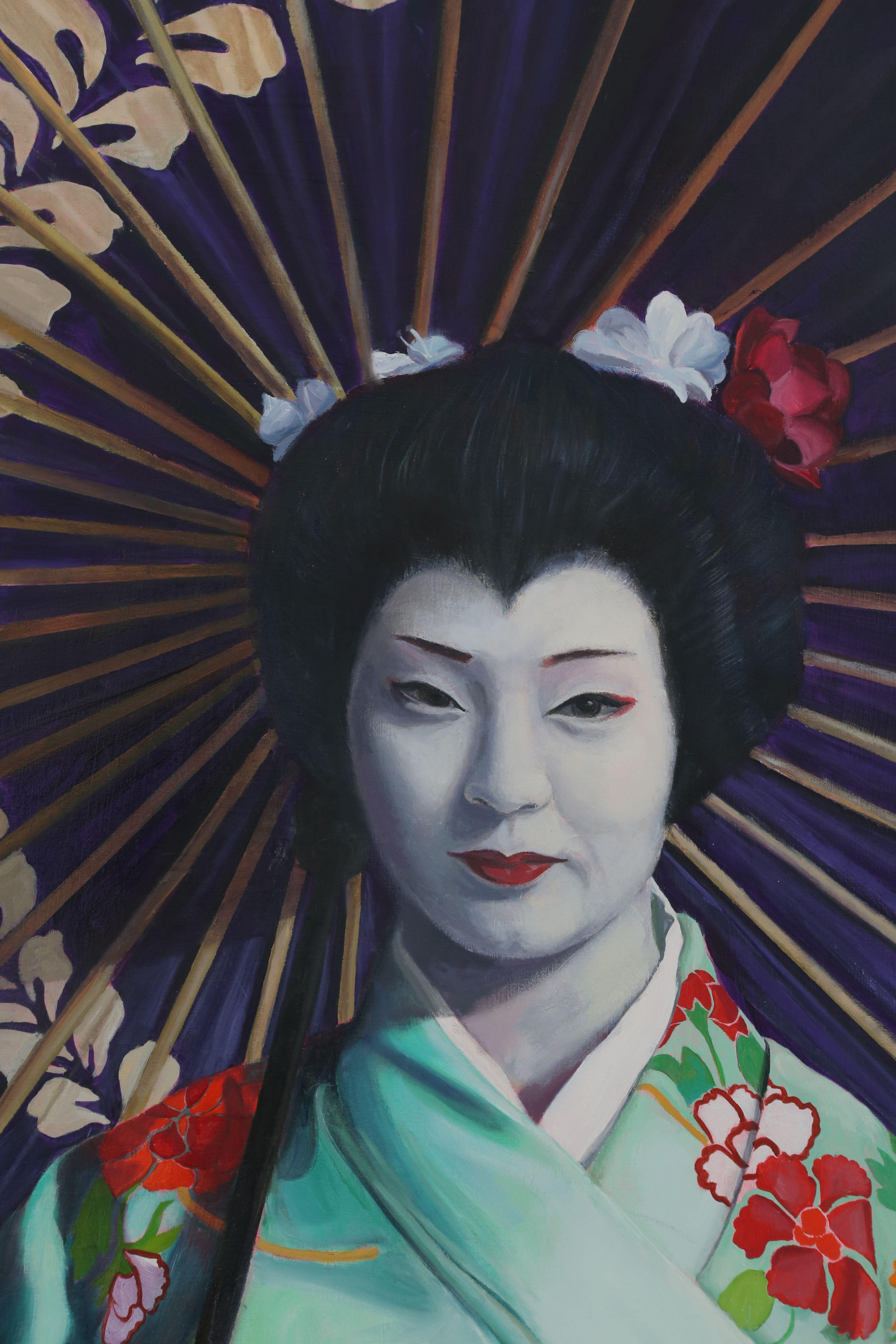 Ritratto di giovane donna come geisha giapponese, pittura, olio su tela in vendita 1