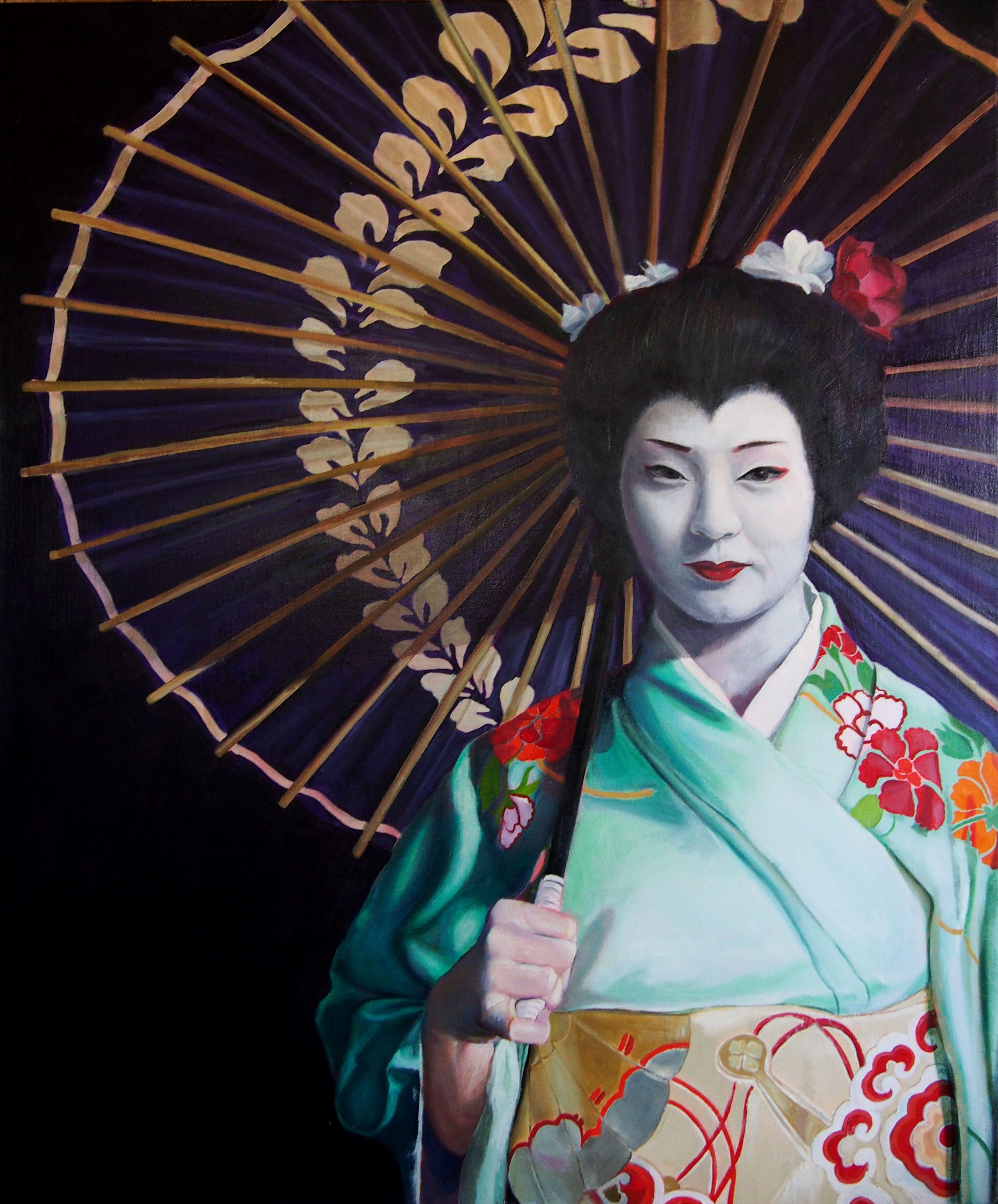 Ritratto di giovane donna come geisha giapponese, pittura, olio su tela - Painting di Christine Cousineau