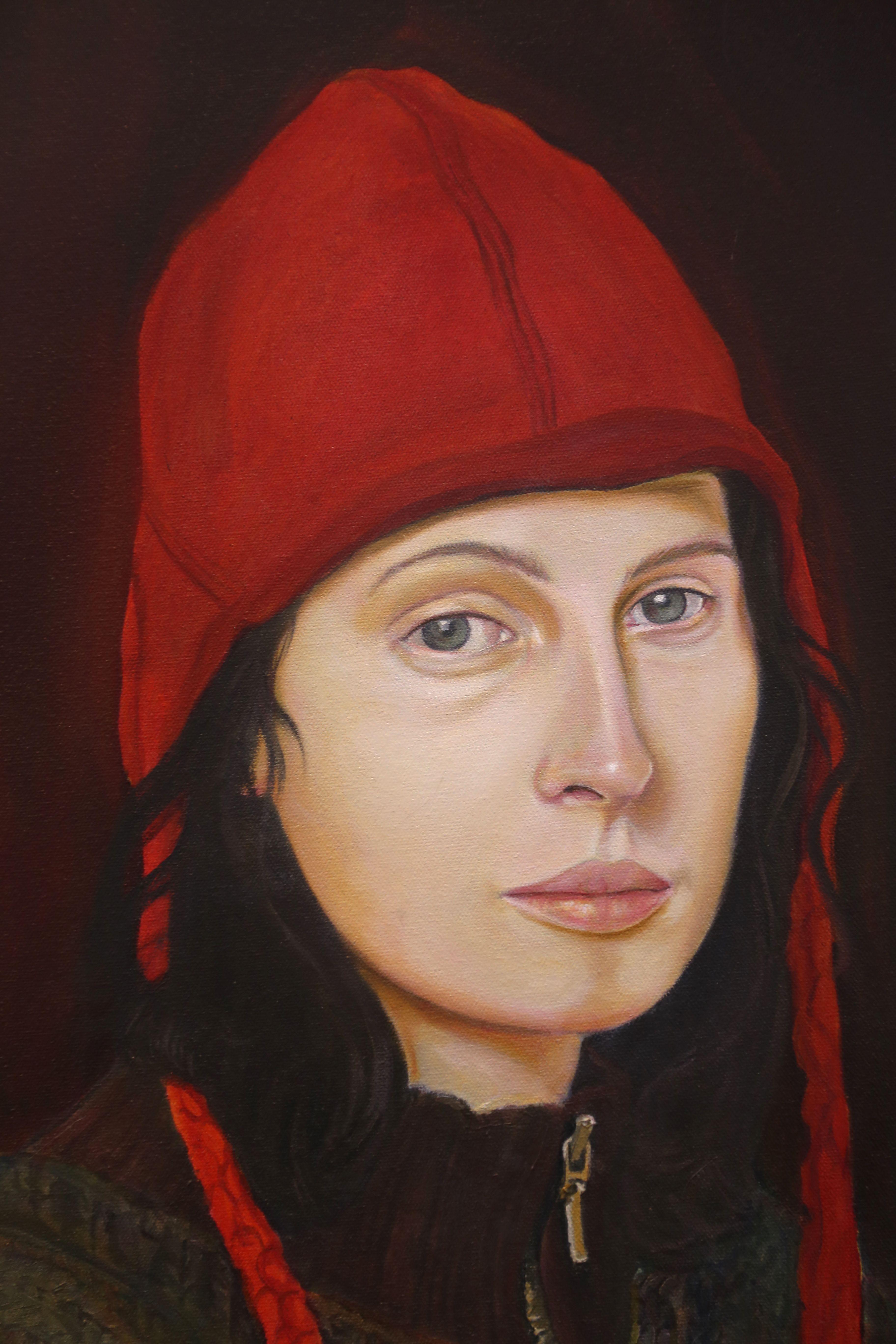 Peinture - Huile sur toile - Femme au chapeau rouge - Réalisme Painting par Christine Cousineau