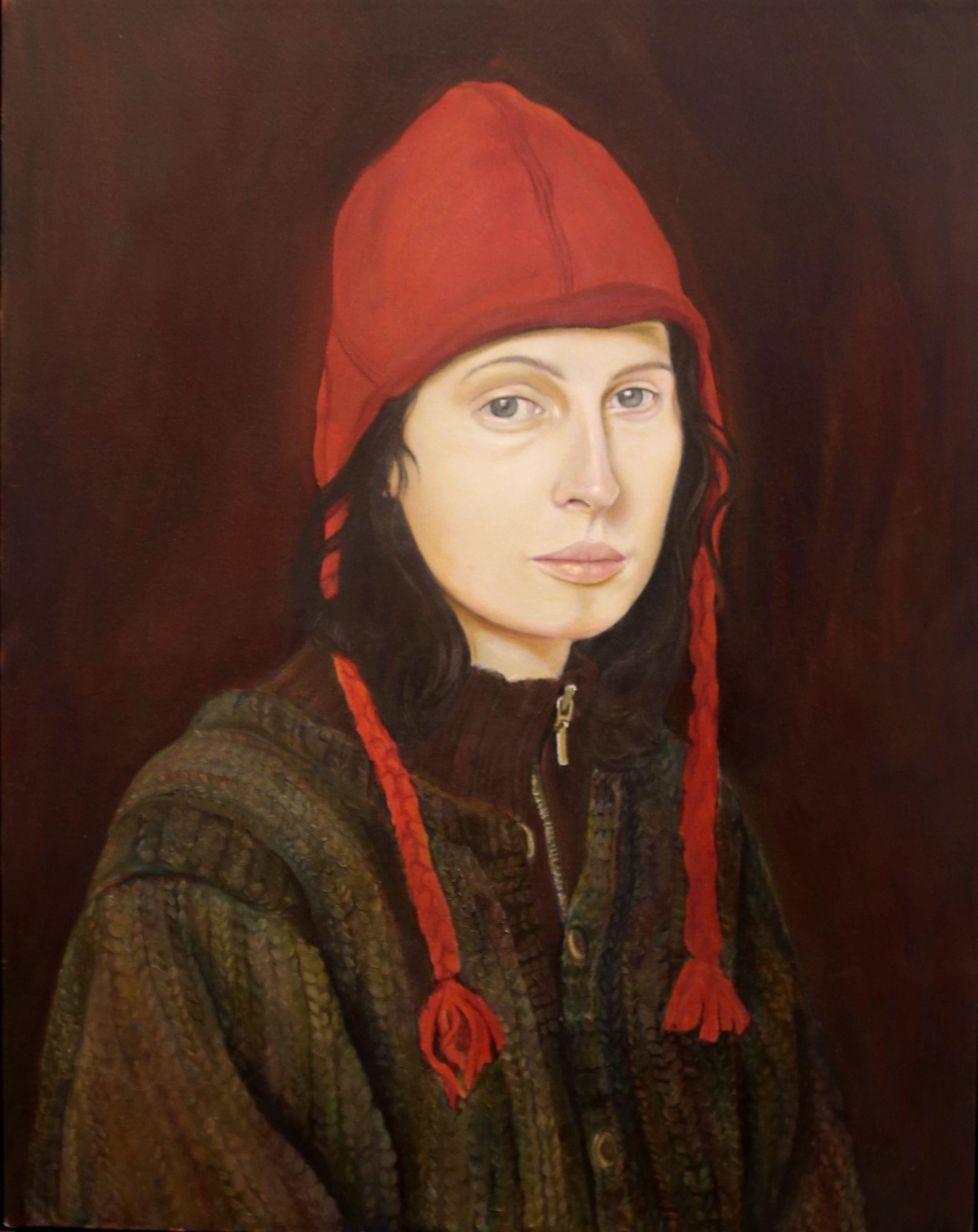 Peinture - Huile sur toile - Femme au chapeau rouge - Painting de Christine Cousineau