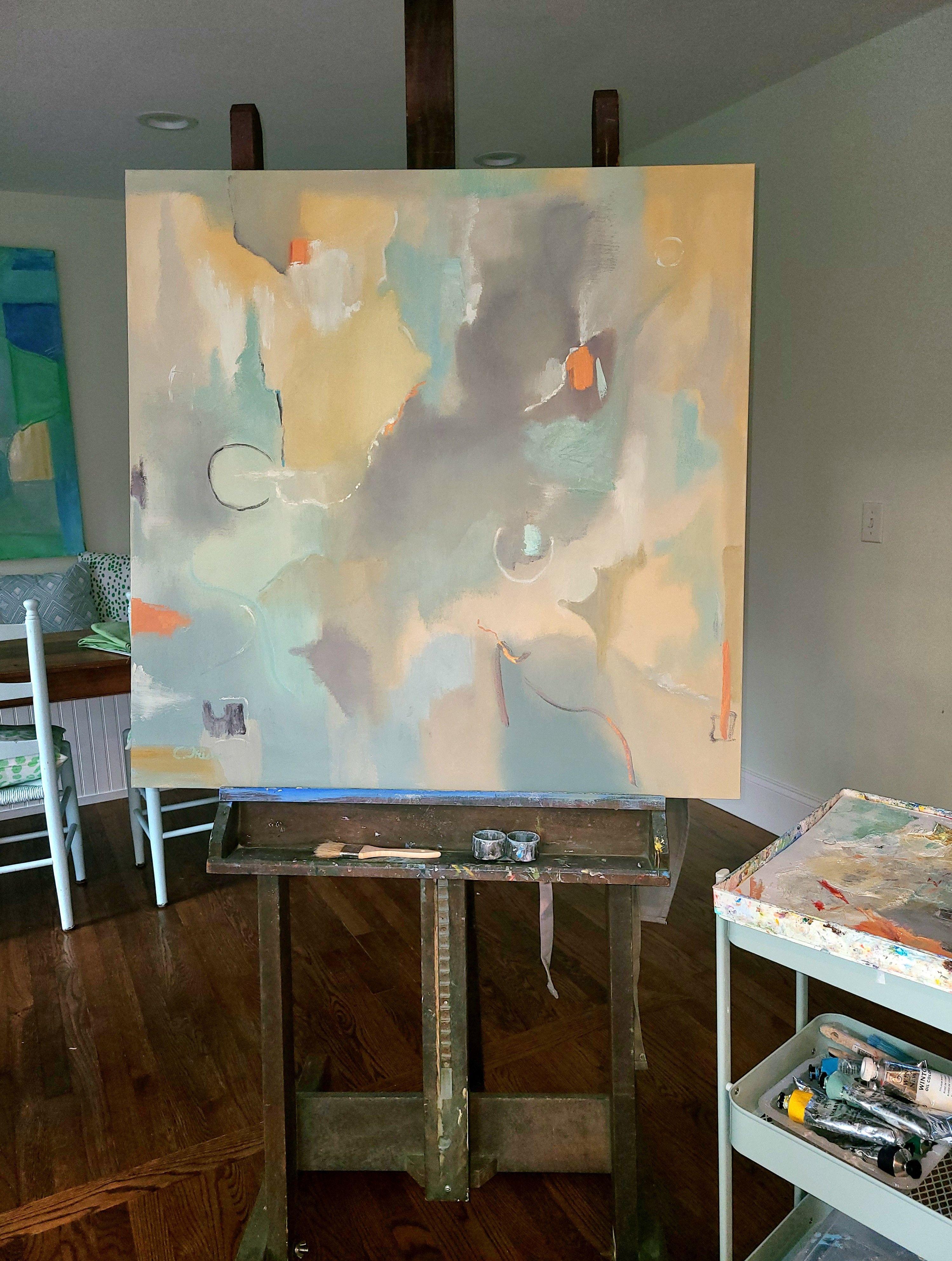 Nei miei sogni, Pittura, Olio su tela - Abstract Painting Blu di Christine Frisbee