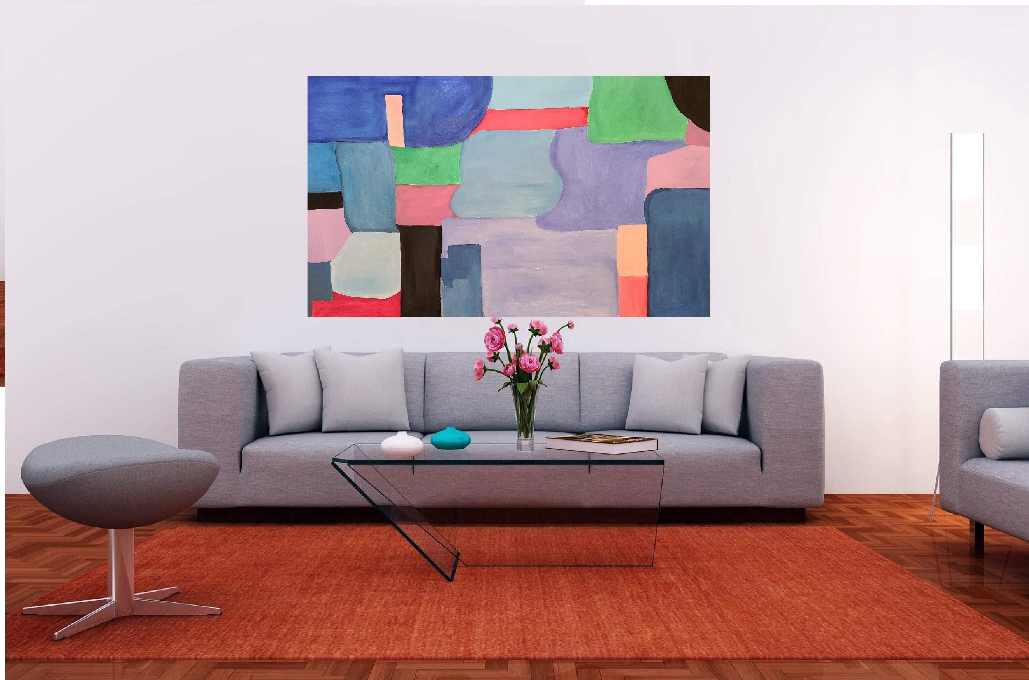 Meeting Together is a very large oil painting with striking colors that harmonize. Blues dominate the painting. It will be sent rolled up because of its size 48 x 60. :: Painting :: Abstract :: This piece comes with an official certificate of