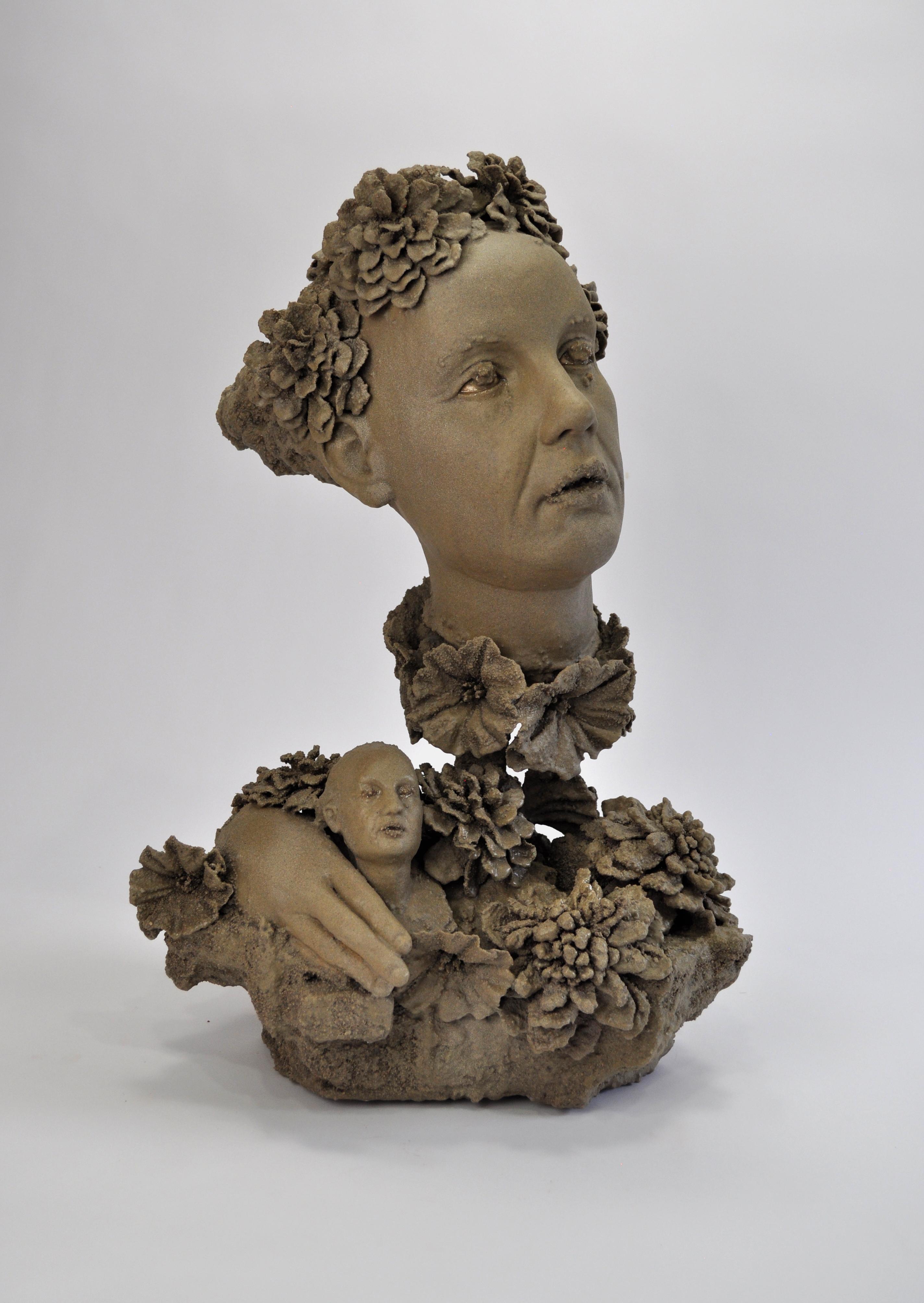 BLOOMING BUST- surreal ceramic sculpture of woman with flowers - Sculpture by Christine Golden