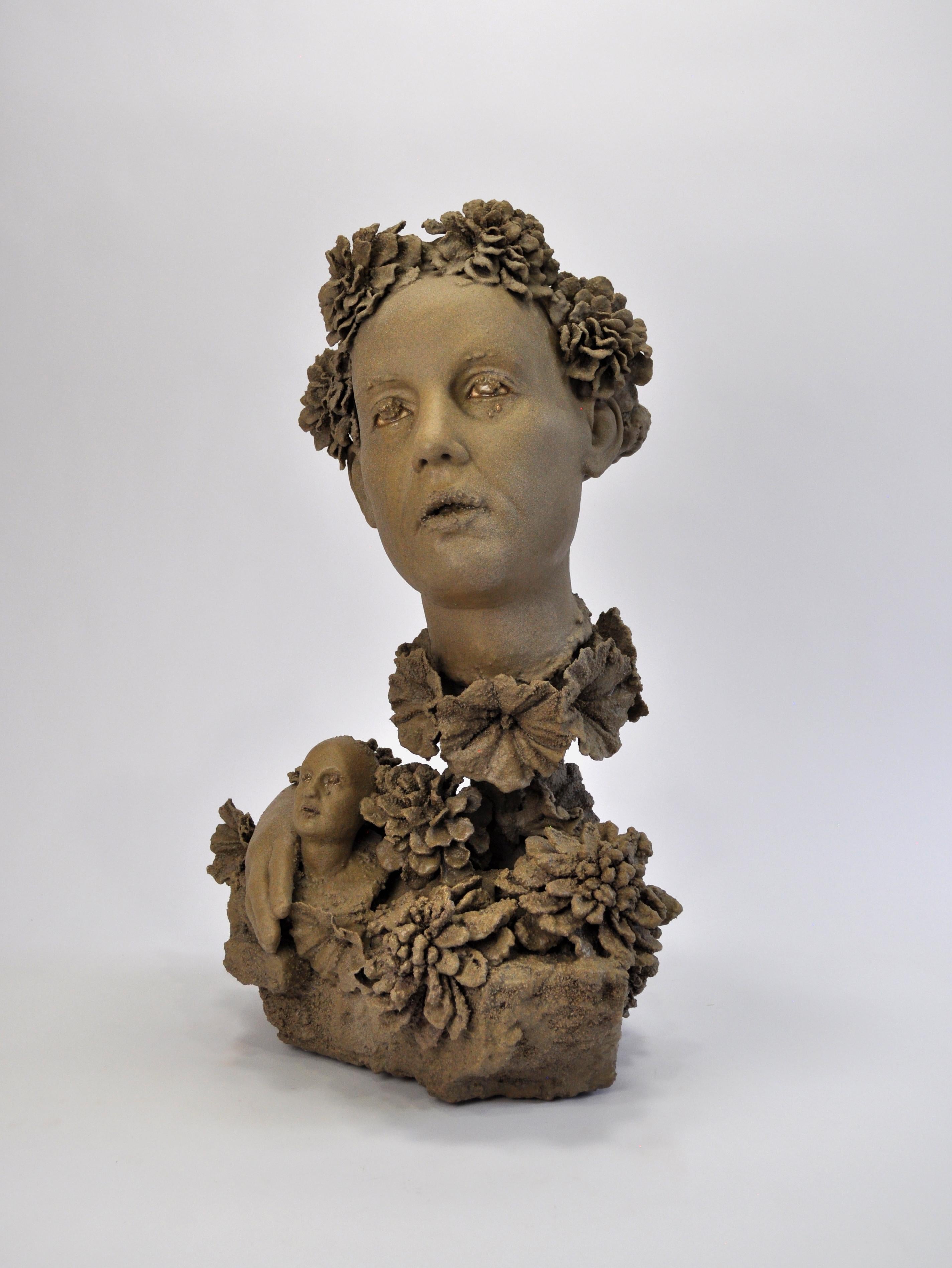 Christine Golden Figurative Sculpture - BLOOMING BUST- surreal ceramic sculpture of woman with flowers