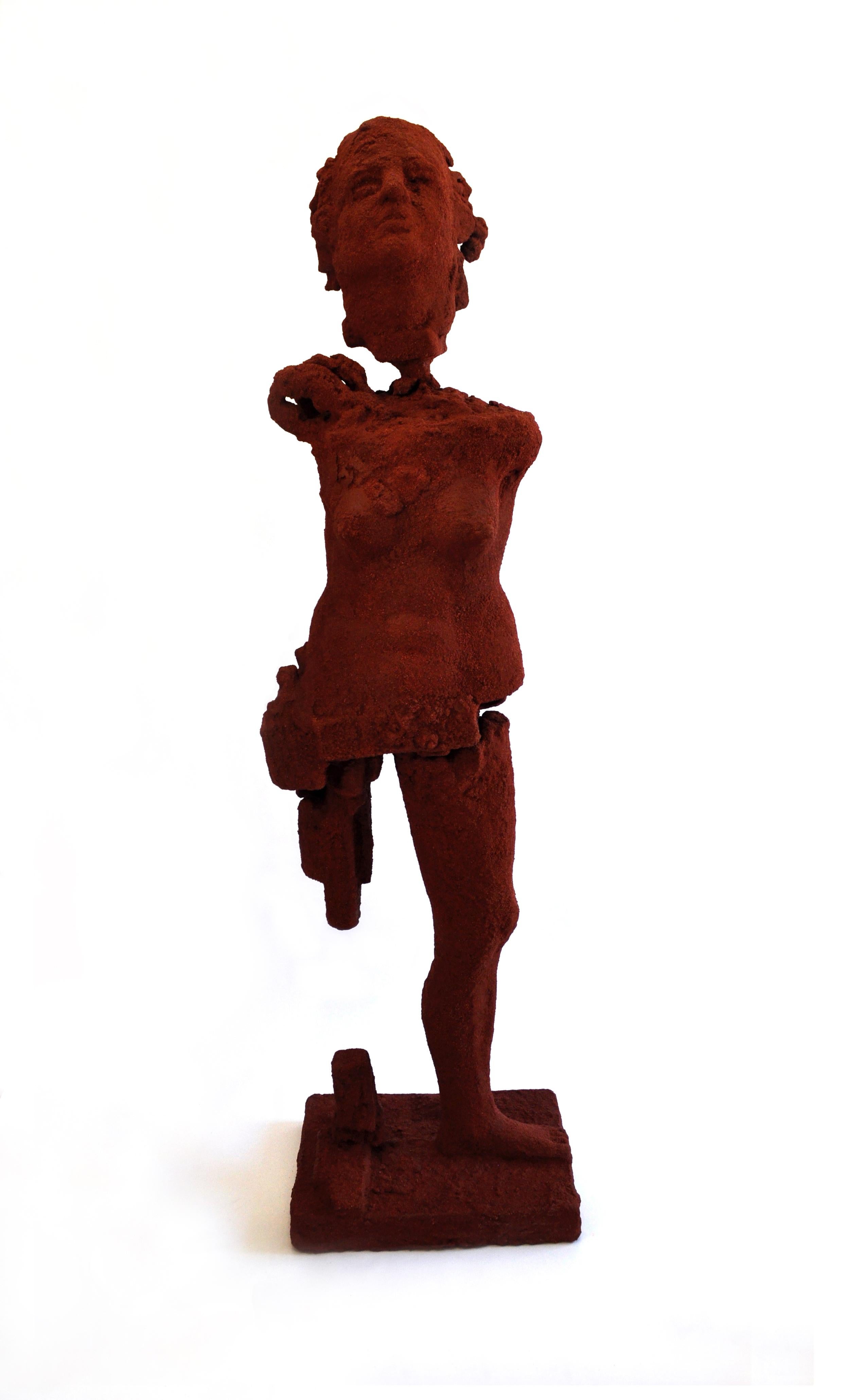 Christine Golden Figurative Sculpture - :COLLAPSE, ASSEMBLE, REVIVE, REPEAT"- dark orange ceramic figurative sculpture 