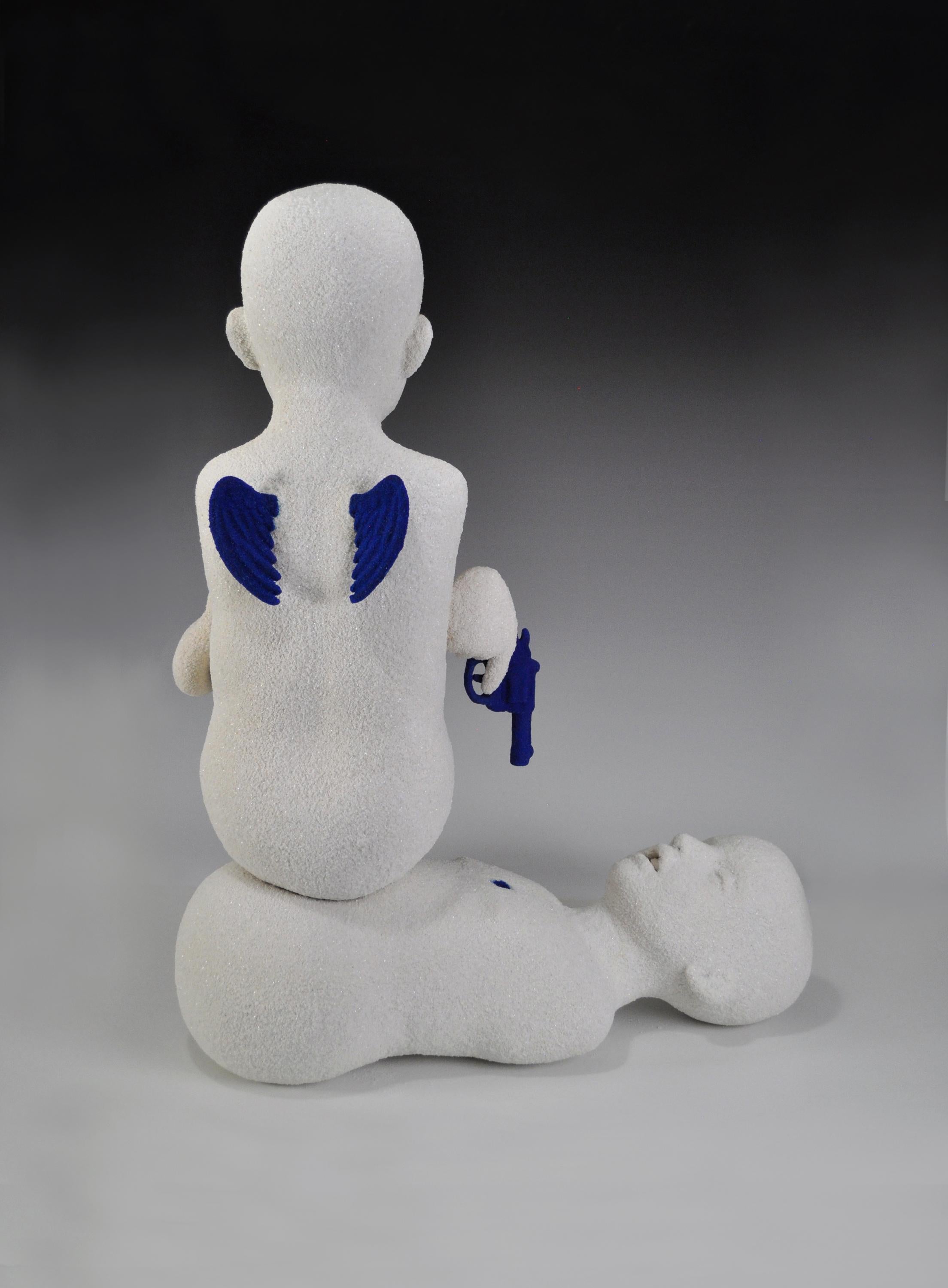 LITTLE ANGELS- surreal white and blue ceramic sculpture of boy with guns - Sculpture by Christine Golden