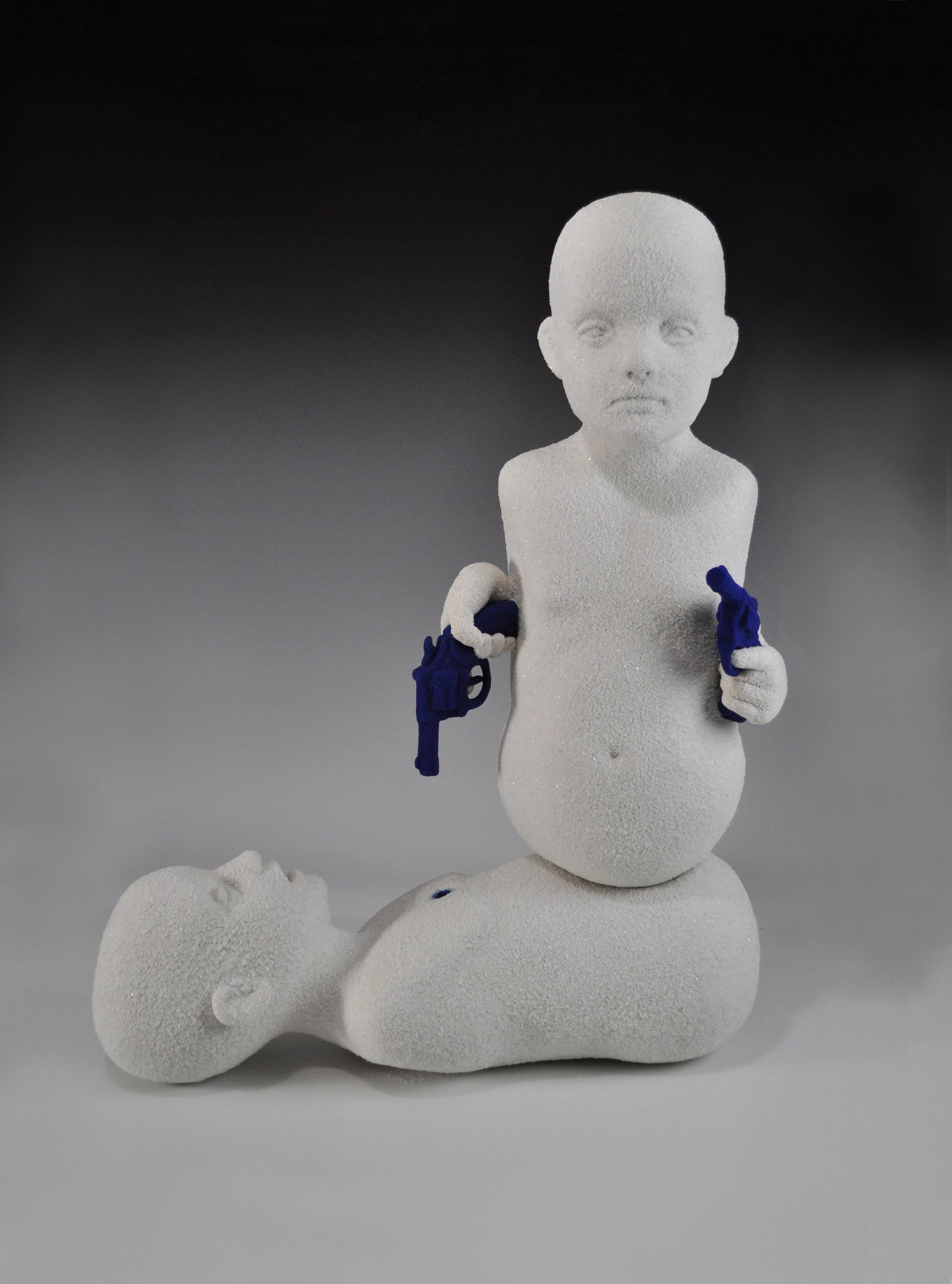 Christine Golden Figurative Sculpture - LITTLE ANGELS- surreal white and blue ceramic sculpture of boy with guns