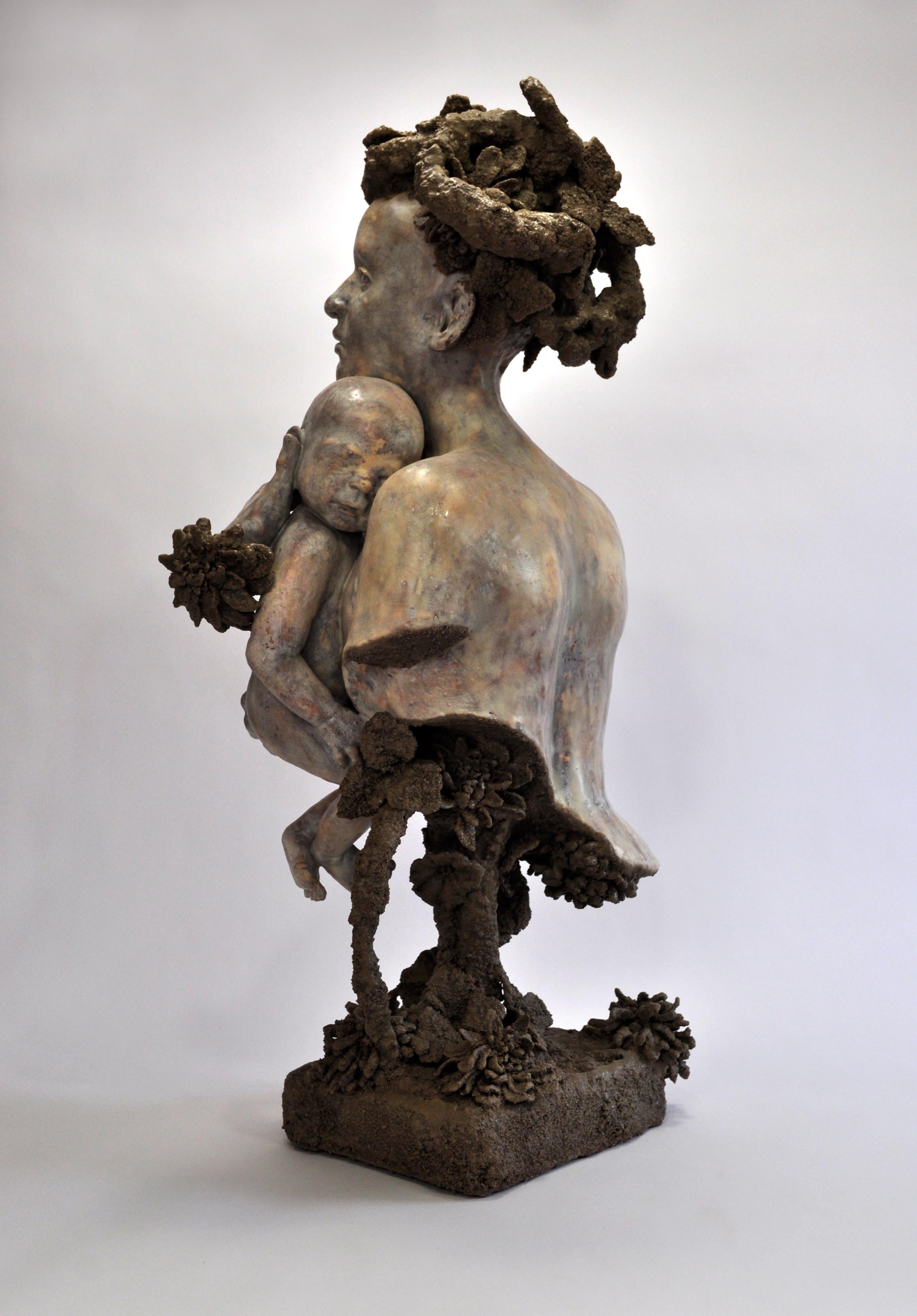 NEXT TIME AROUND- surreal ceramic figurative sculpture of woman and baby  - Sculpture by Christine Golden