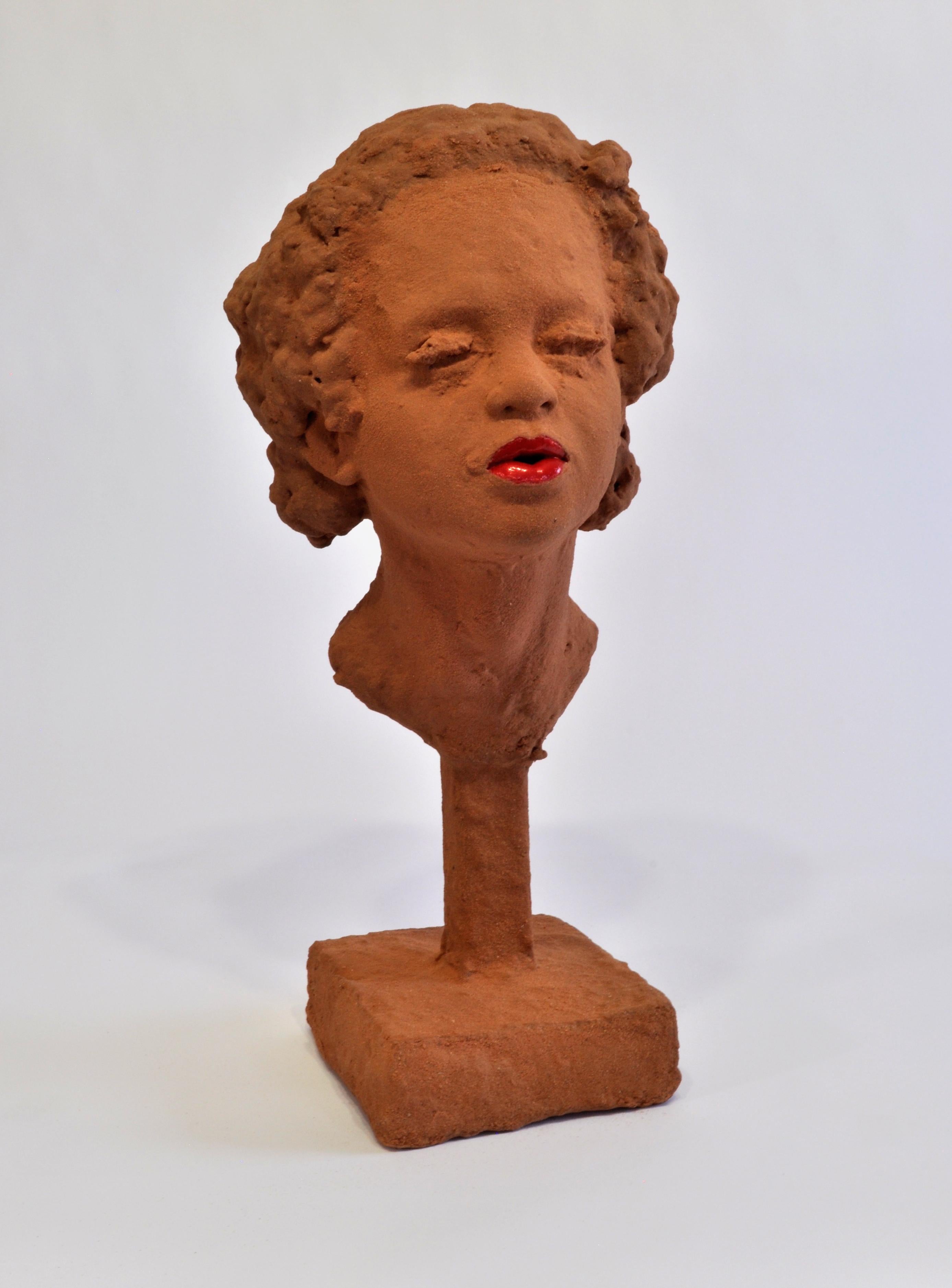 RED LIPS- ceramic figurative sculpture of girl with ochre color  - Sculpture by Christine Golden