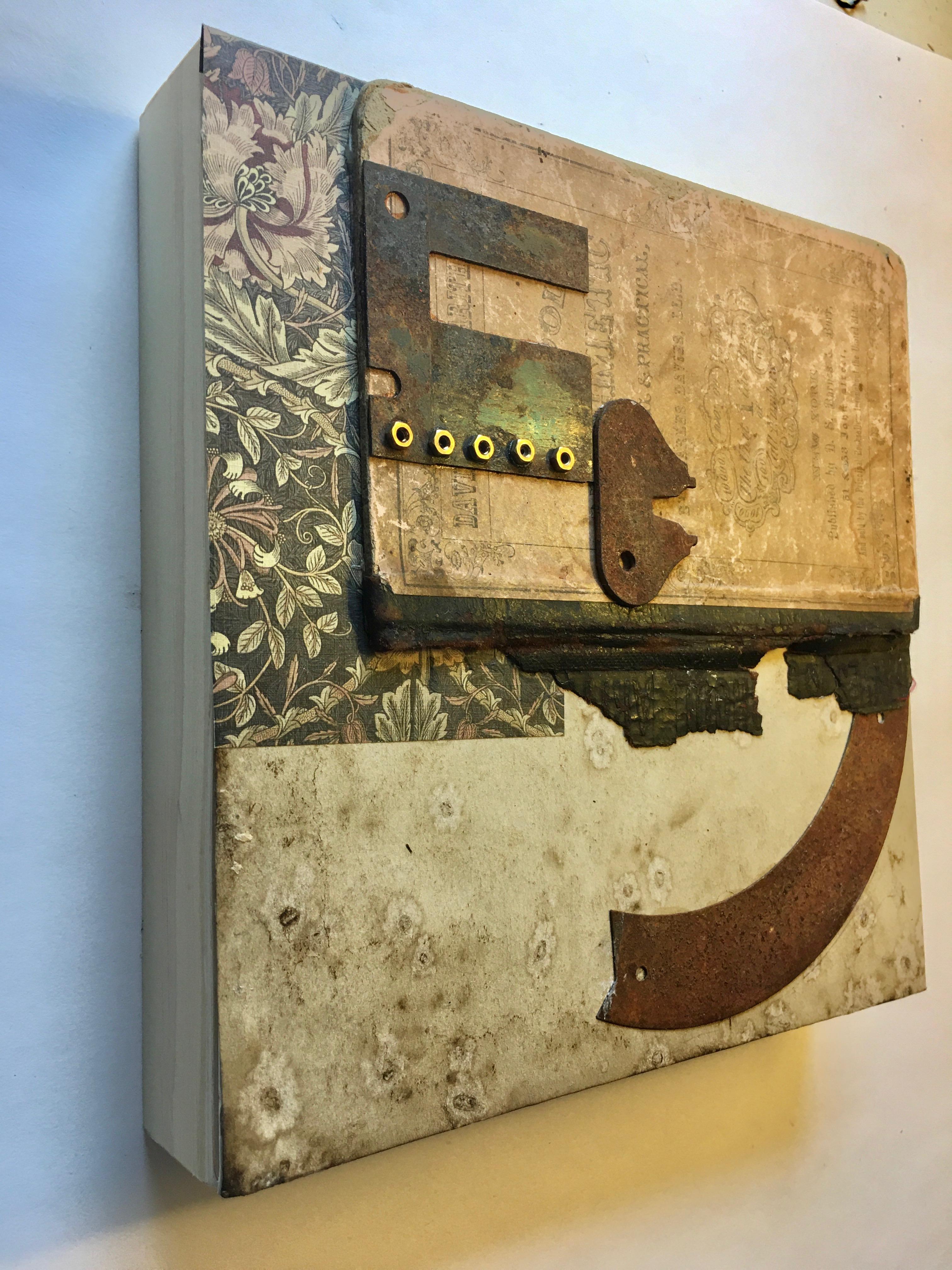 Contemporary work of art by Christine Graf.

A collage work of art created using rust, canvas and book. Graf skillfully employs unconventional materials and everyday objects when creating her mesmerizing pieces. Her work is very tactile and complex,