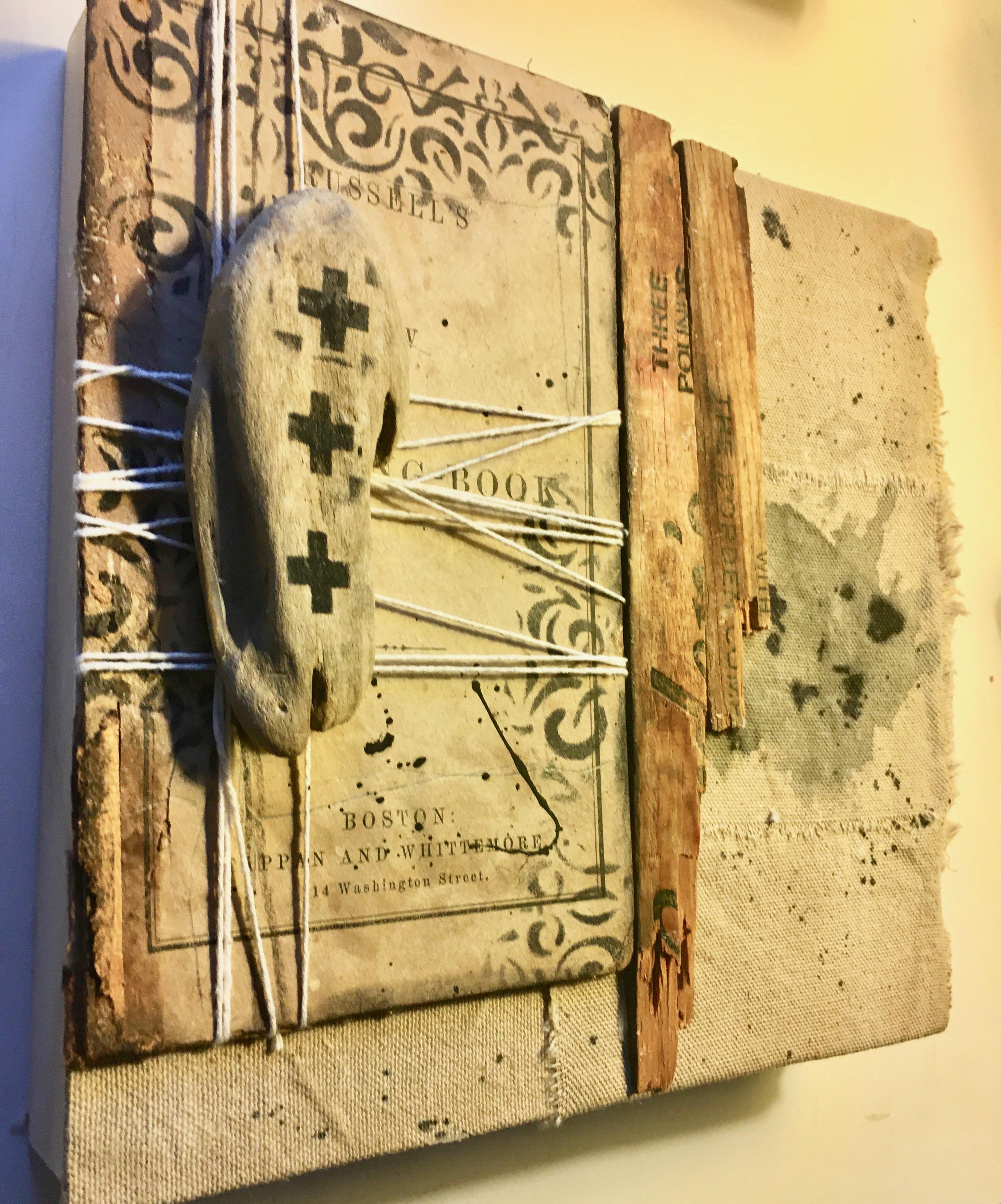 Contemporary work of art by Christine Graf.

A collage work of art created using wood, vintage book and canvas. Graf skillfully employs unconventional materials and everyday objects when creating her mesmerizing pieces. Her work is very tactile and