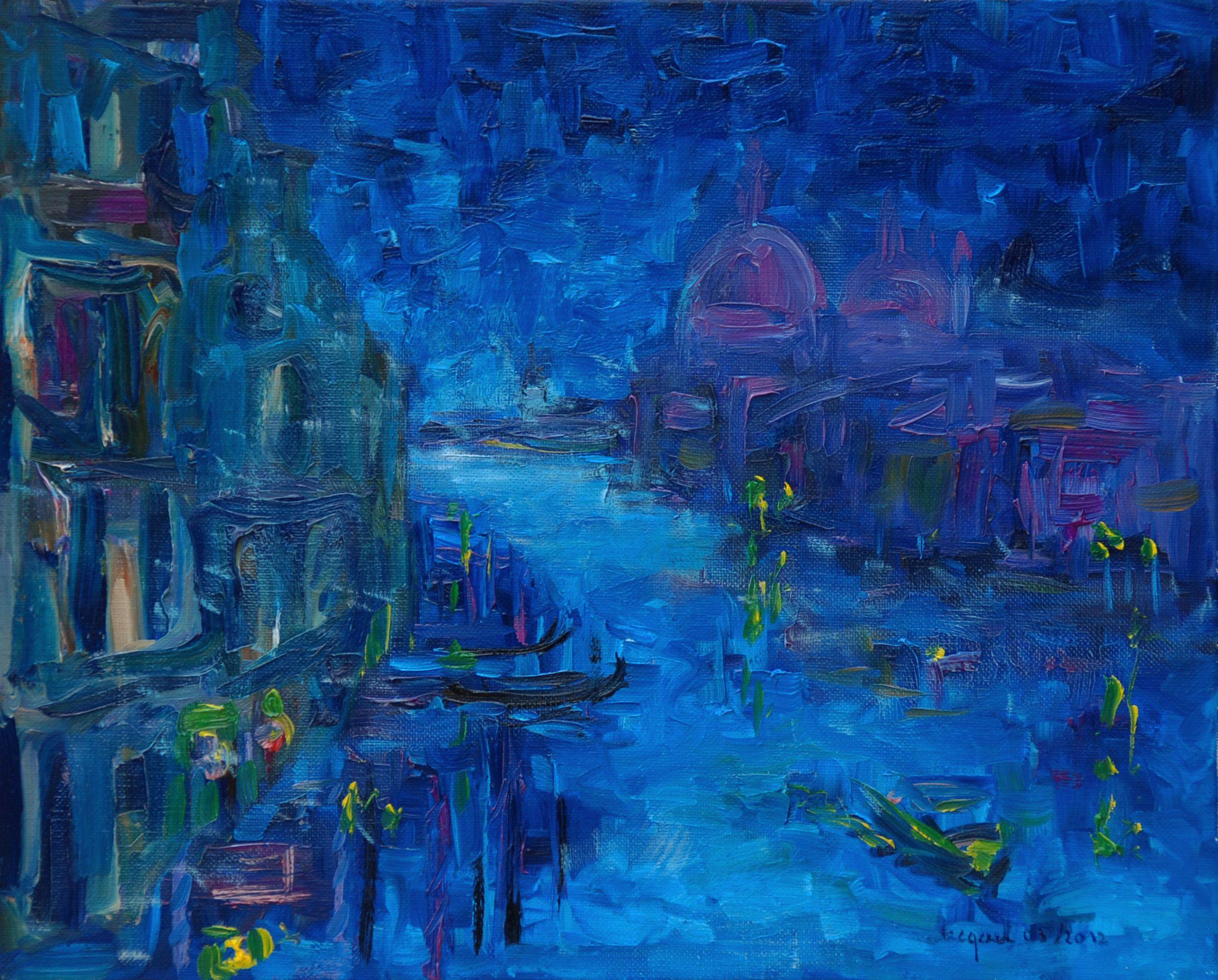 Grand canal de nuit Ã Venise, Pittura, Olio su tela - Painting di Christine Jacquel