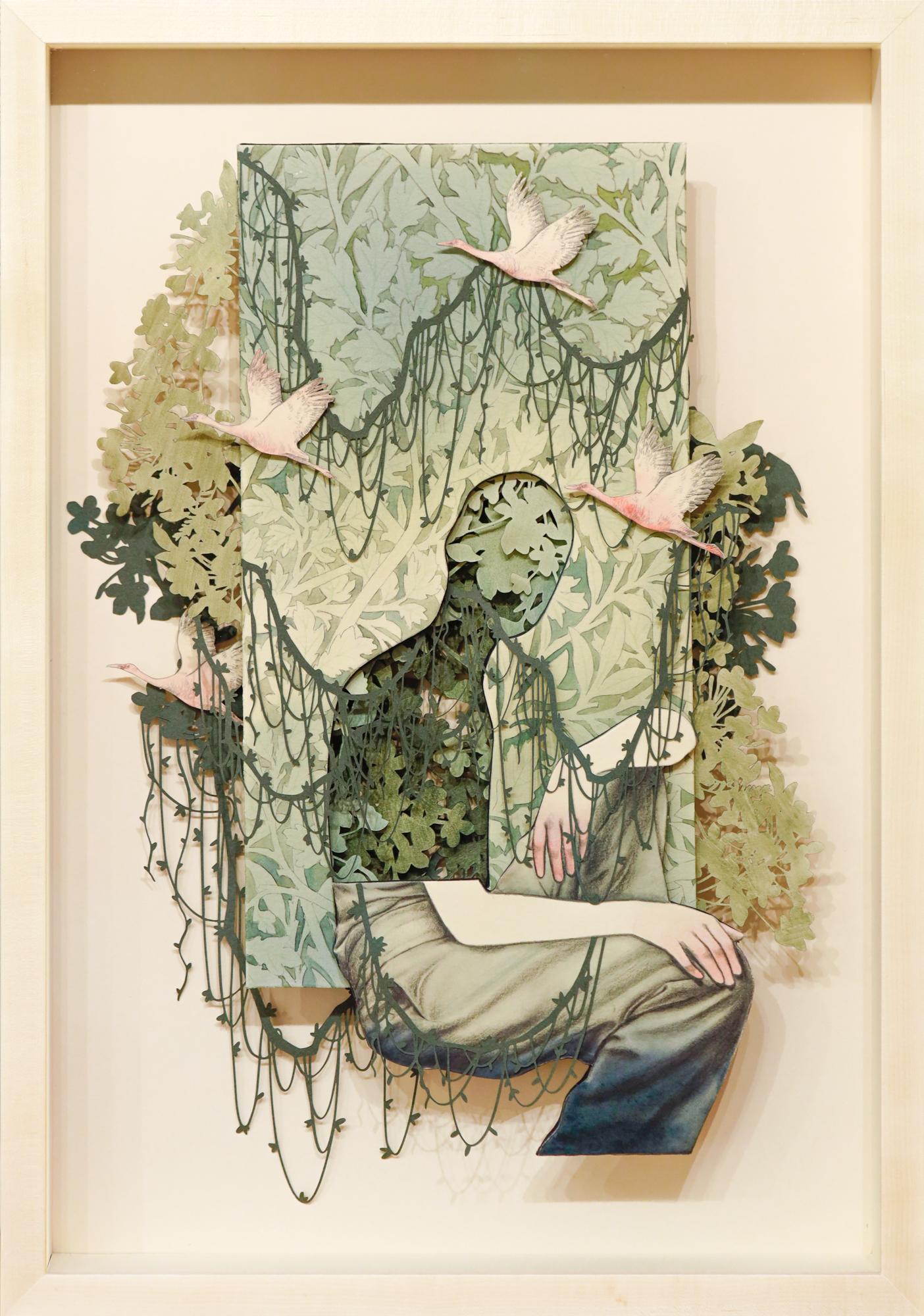 "Celadon" Hand cut diorama of pencil, watercolor, and charcoal - Mixed Media Art by   Christine Kim