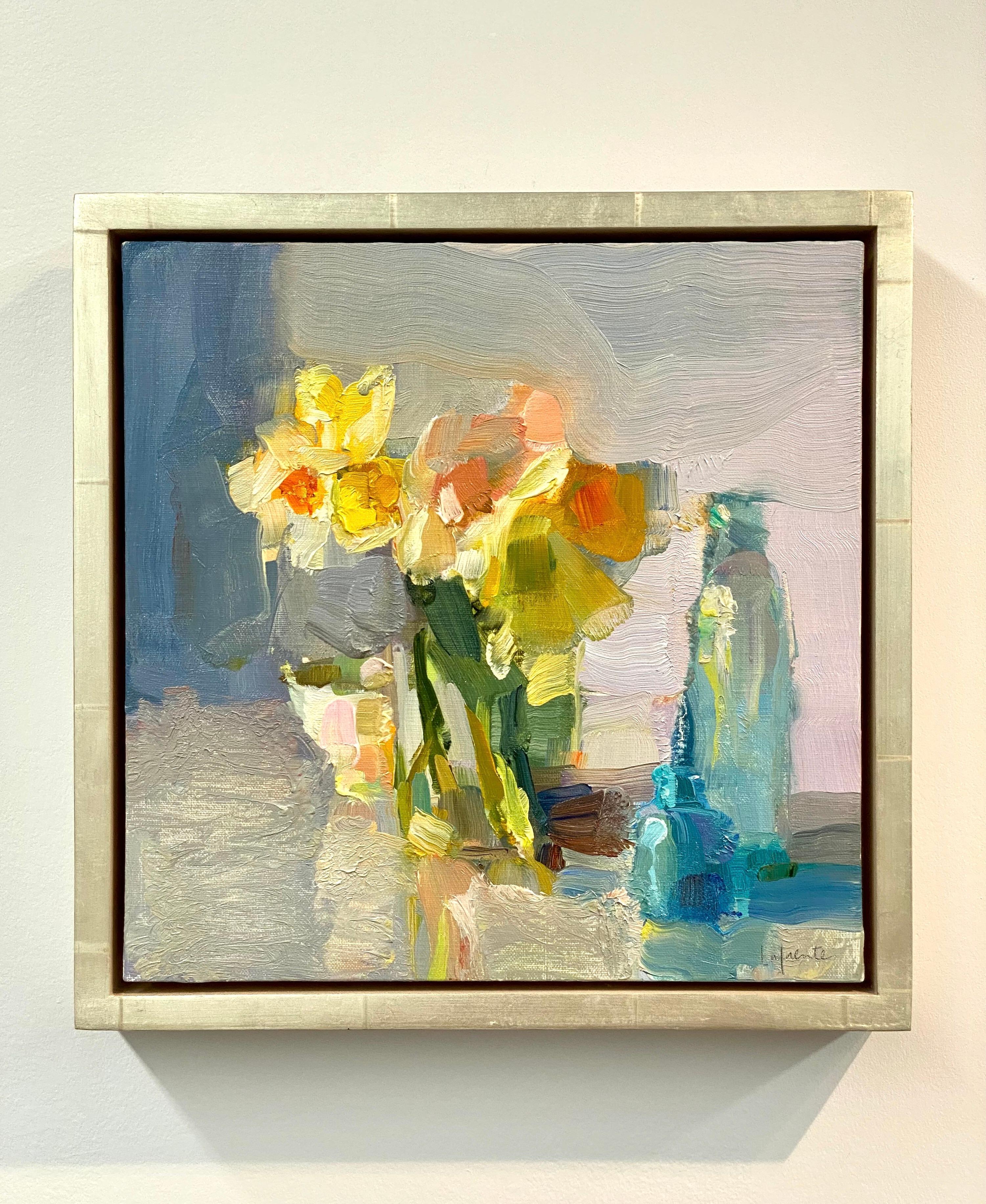 Daffodils And Blue Bottles - Painting by Christine Lafuente