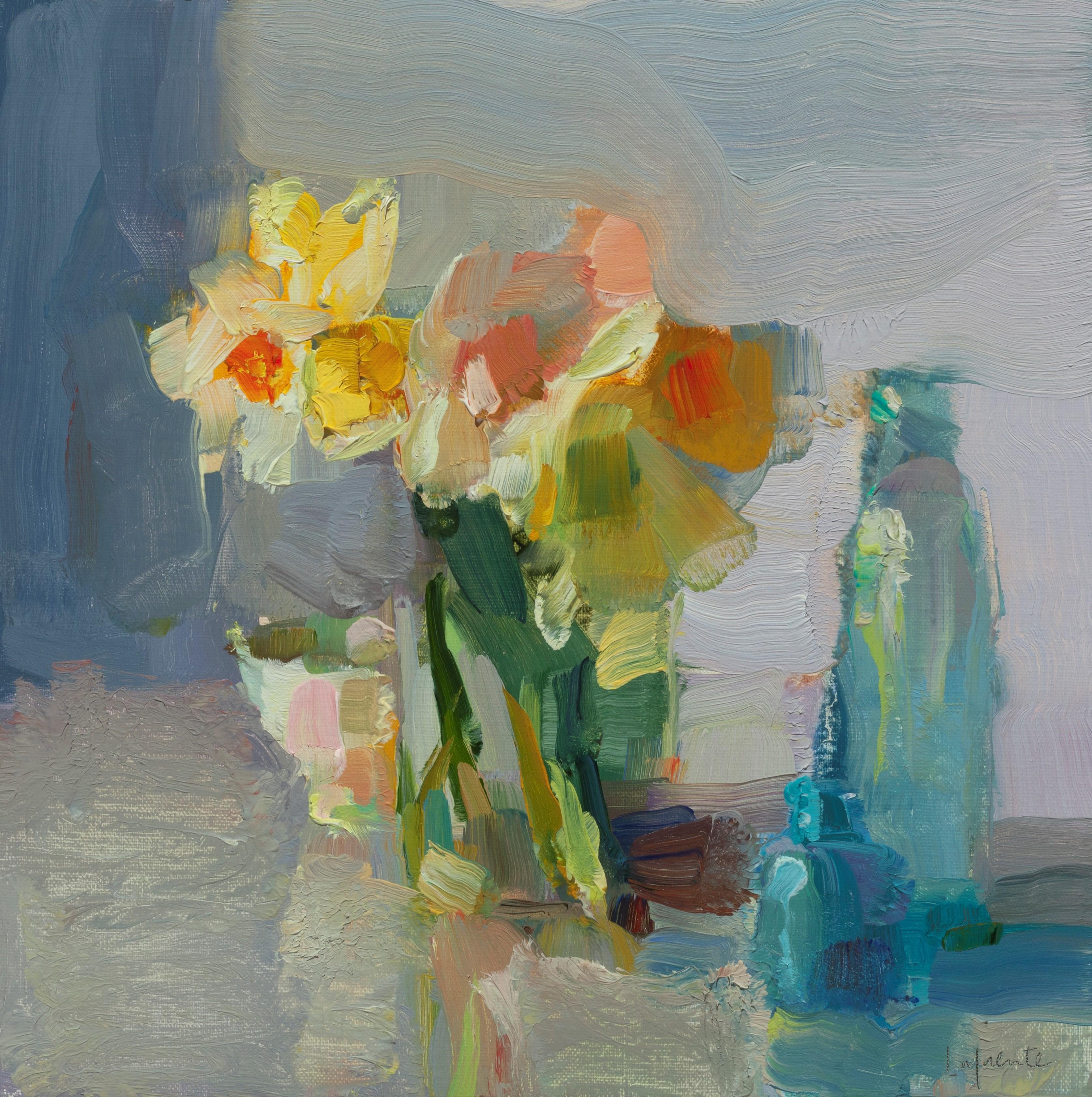 Christine Lafuente Still-Life Painting - Daffodils And Blue Bottles