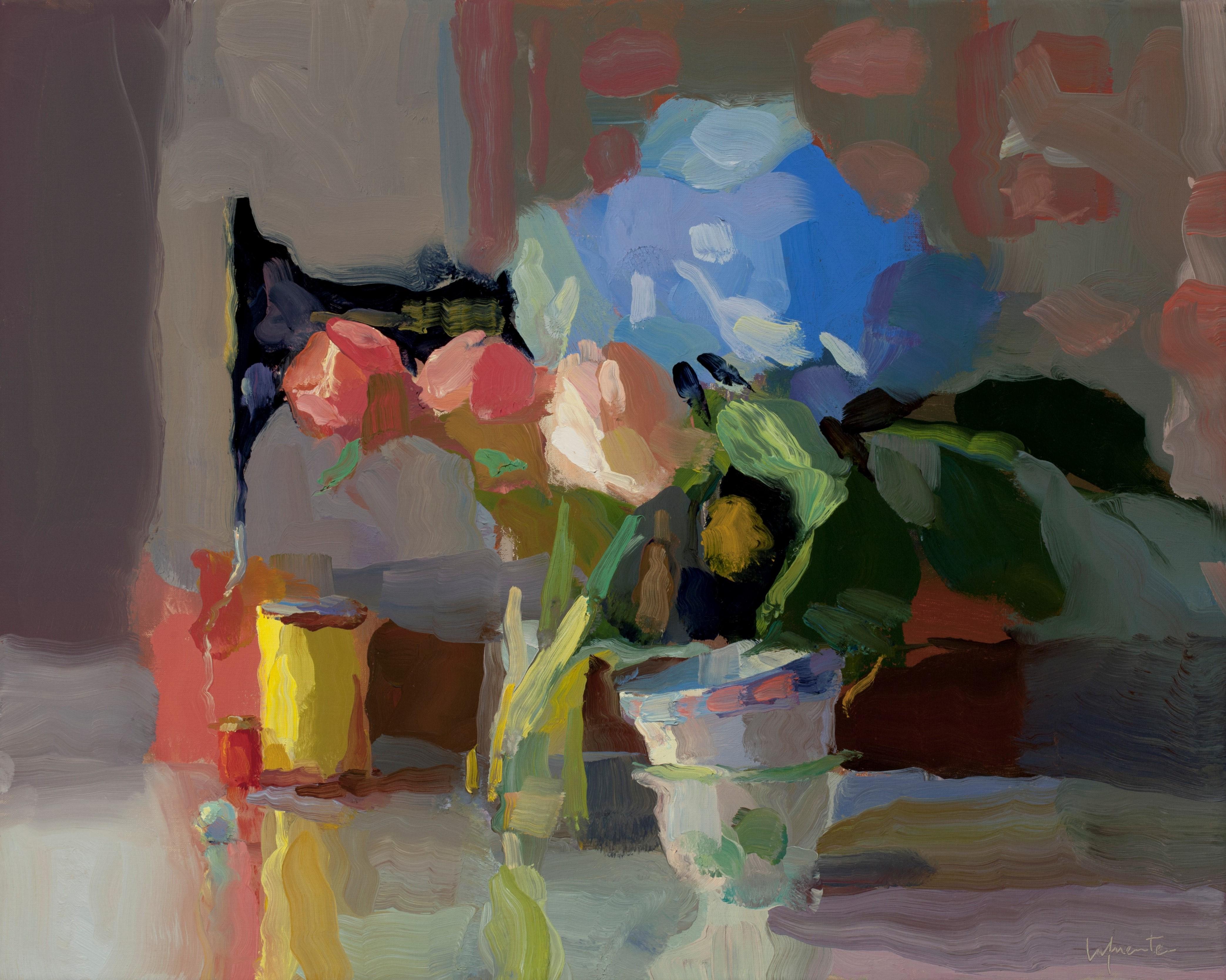 Christine Lafuente Still-Life Painting – Nähmaschine, Hydrangea und Teekanne