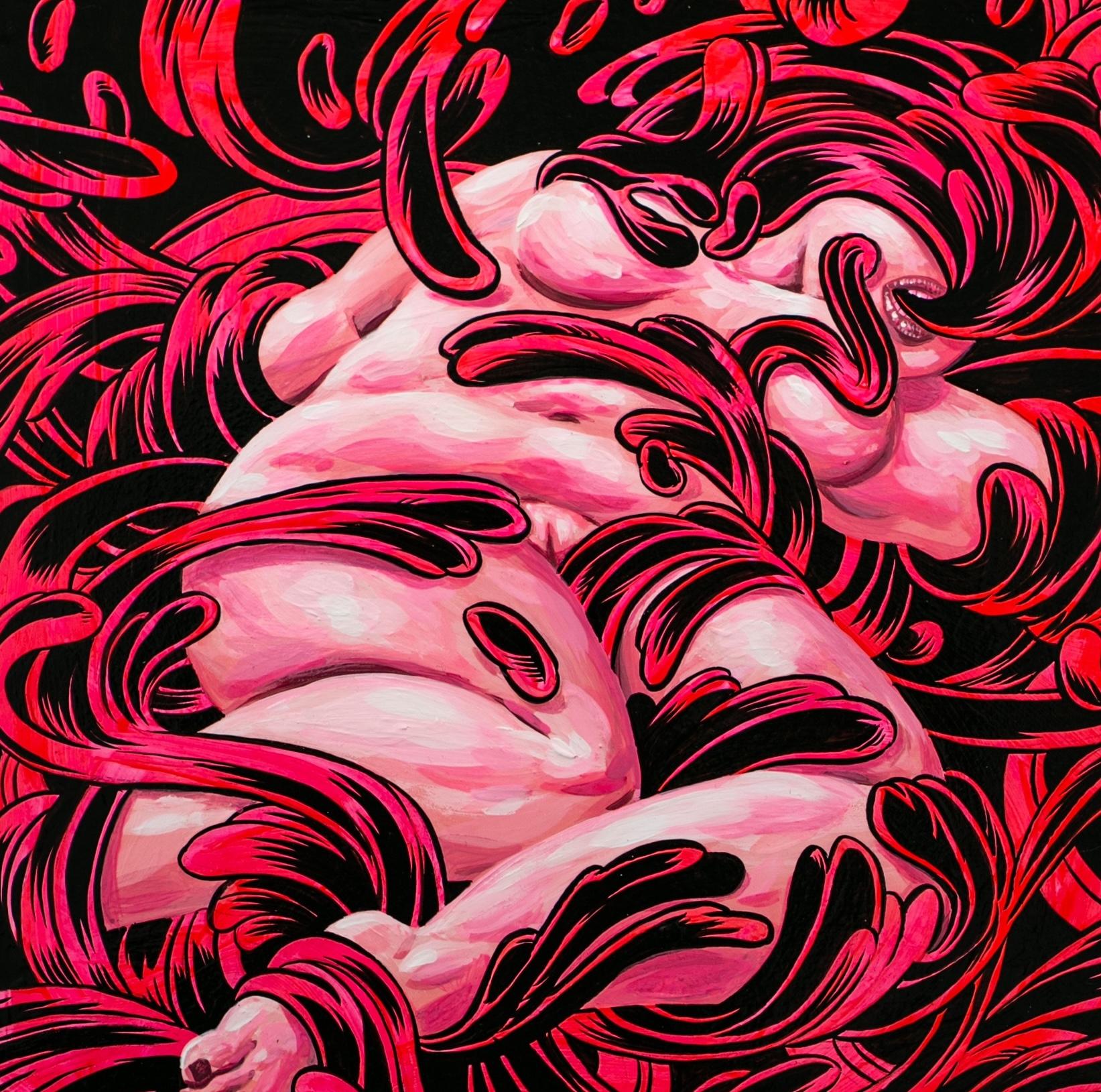 „ „Malignant“, abstraktes Gemälde, rosa und schwarz, Gouache und Tinte auf Holz im Angebot 2