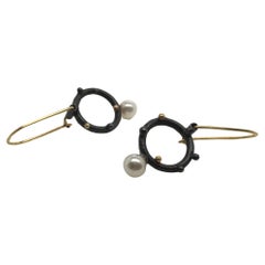 Christine MacKellar Earrings, Oxydized SS & 18k YG, Open Circles with Pearls