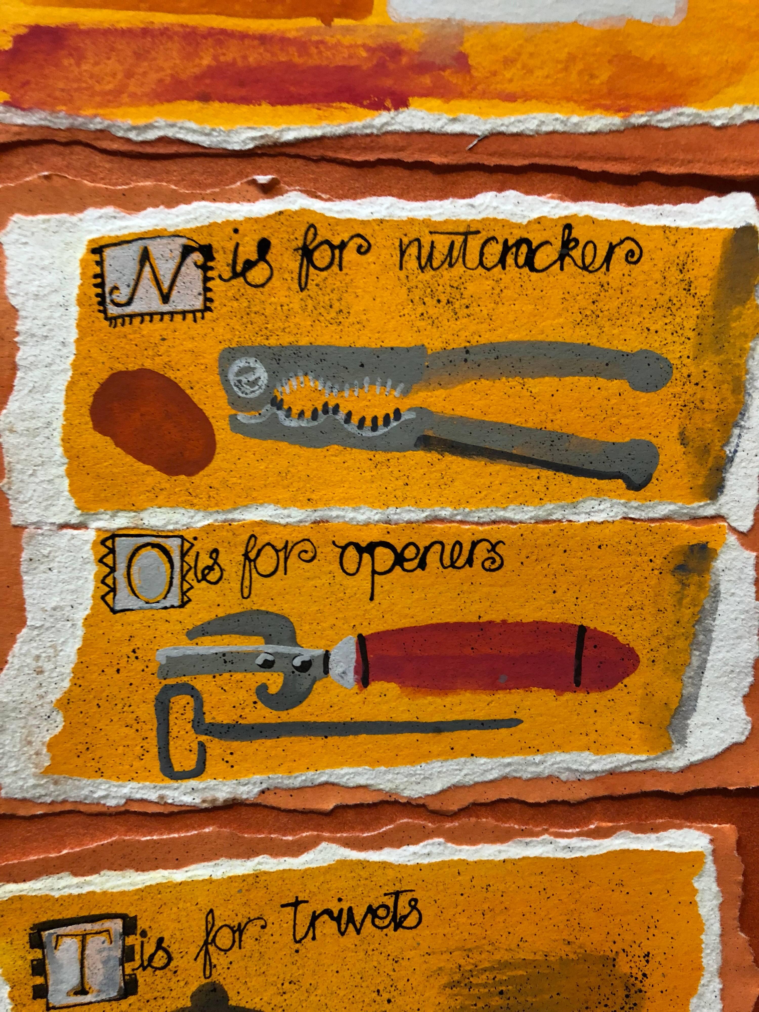 Housewives Choice, A-Z  a cute Folk Art Alphabet  of kitchen utensils and cooking implements rendered in a whimsical naive style. CHRISTINE McARTHUR was born in Kirkintilloch, near Glasgow, in 1953 and studied at Glasgow School of Art between 1971