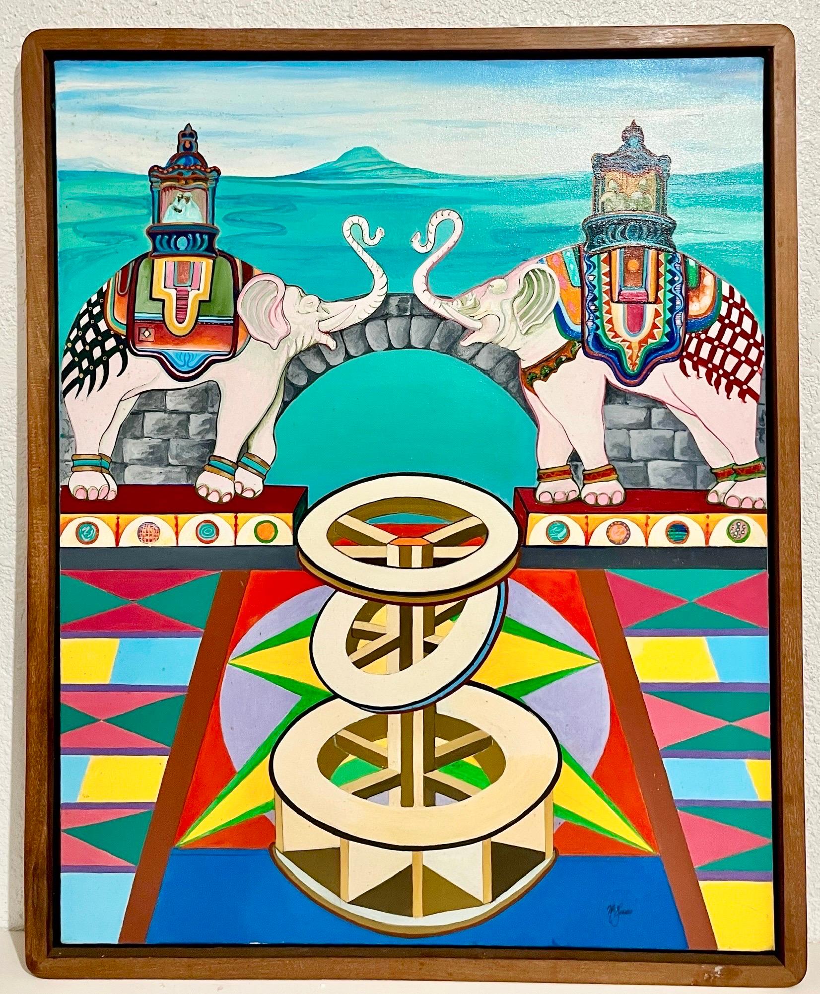 2002 Lebendige Elefanten Öl auf Leinwand Gemälde Christine McGinnis Surrealismus Kunst im Angebot 1