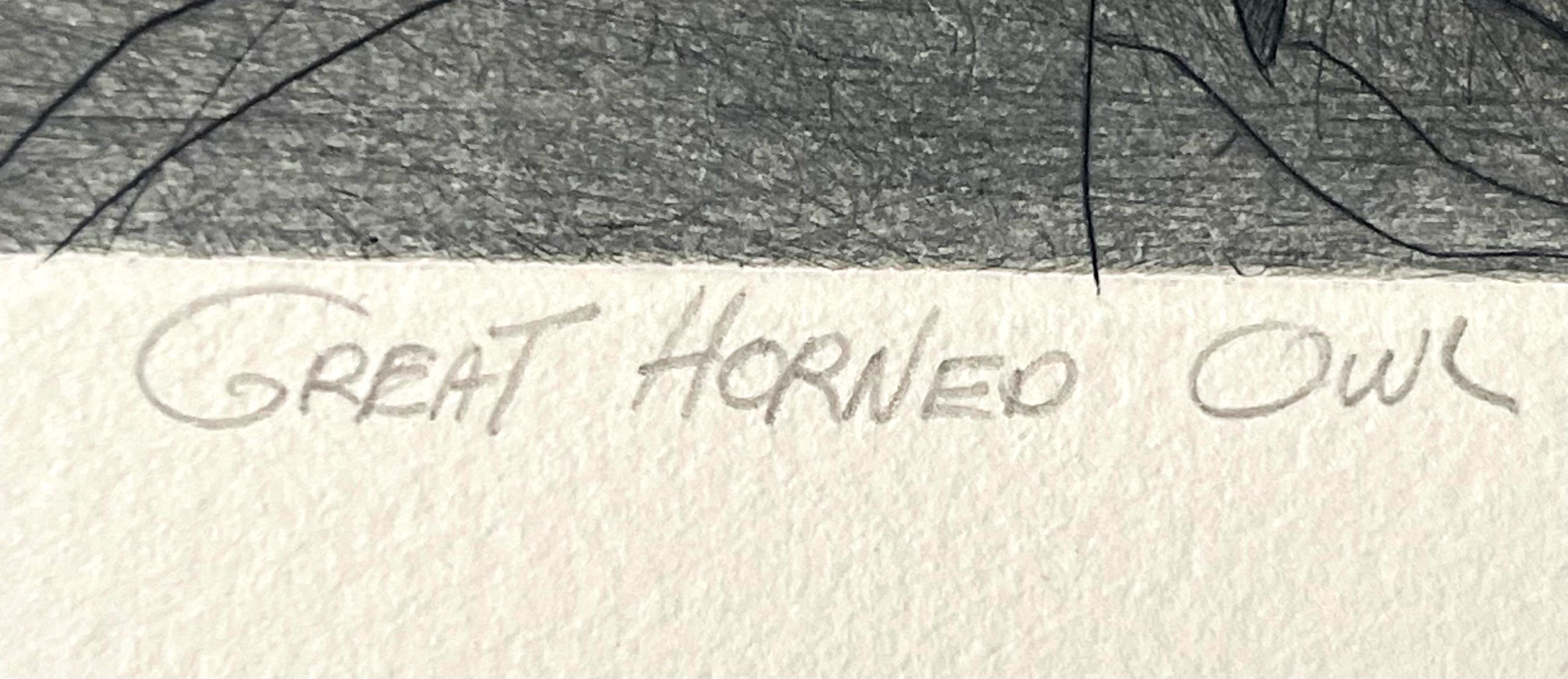 Great Horned Owl, Etching on paper, pencil signed, titled and annotated Proof - Realist Print by Christine McGinnis