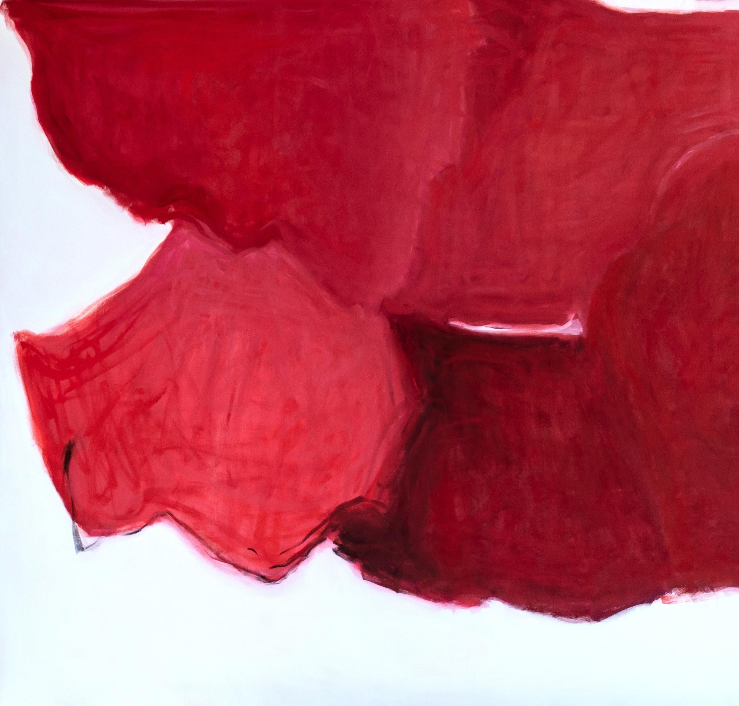 « Blowers Save Us », rouge impérial jouant avec des carrés clairs, peinture à l'huile abstraite  - Painting de Christine Morin