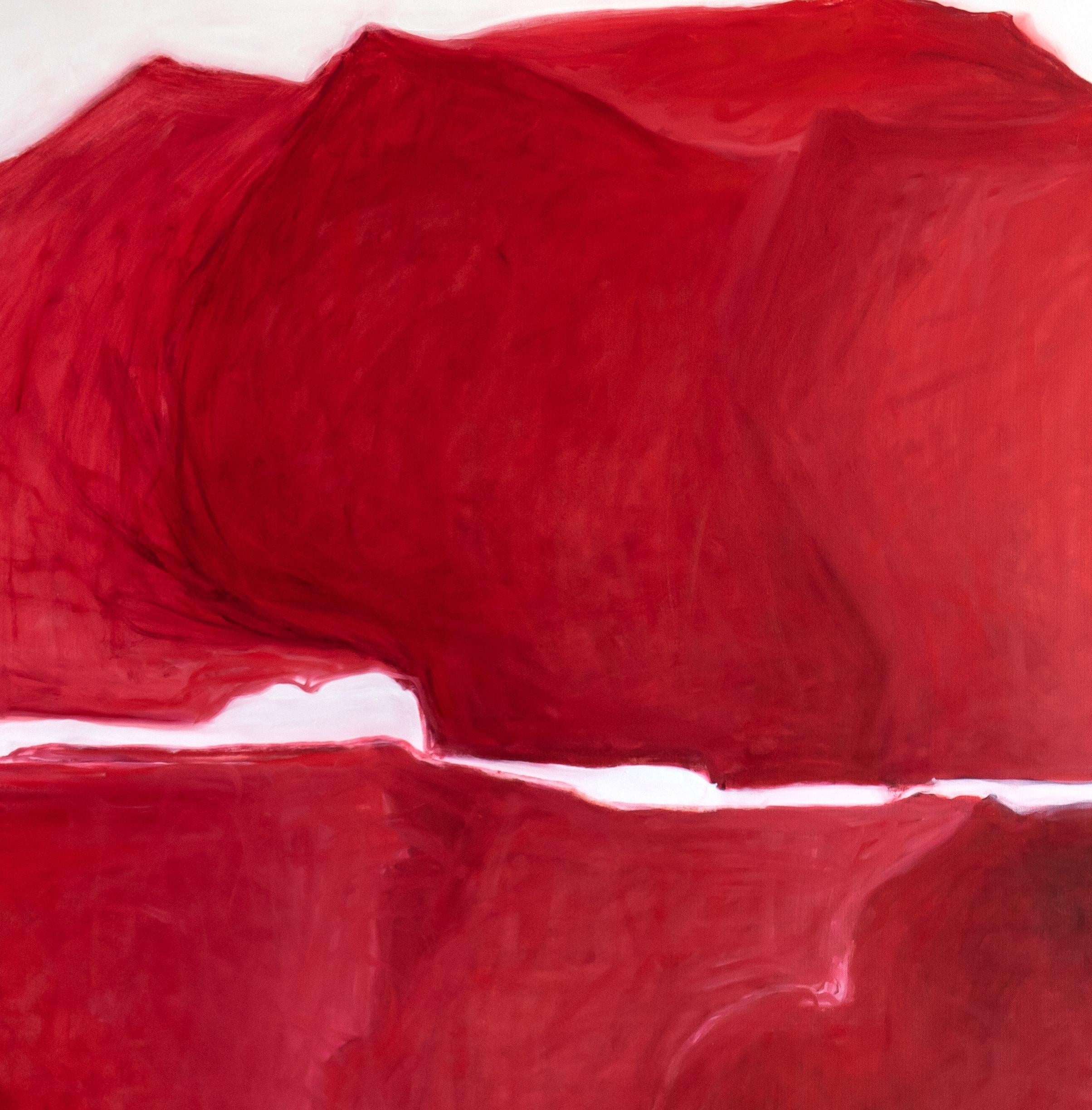 « Blowers Save Us », rouge impérial jouant avec des carrés clairs, peinture à l'huile abstraite  - Rouge Abstract Painting par Christine Morin