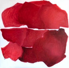 « Blowers Save Us », rouge impérial jouant avec des carrés clairs, peinture à l'huile abstraite 