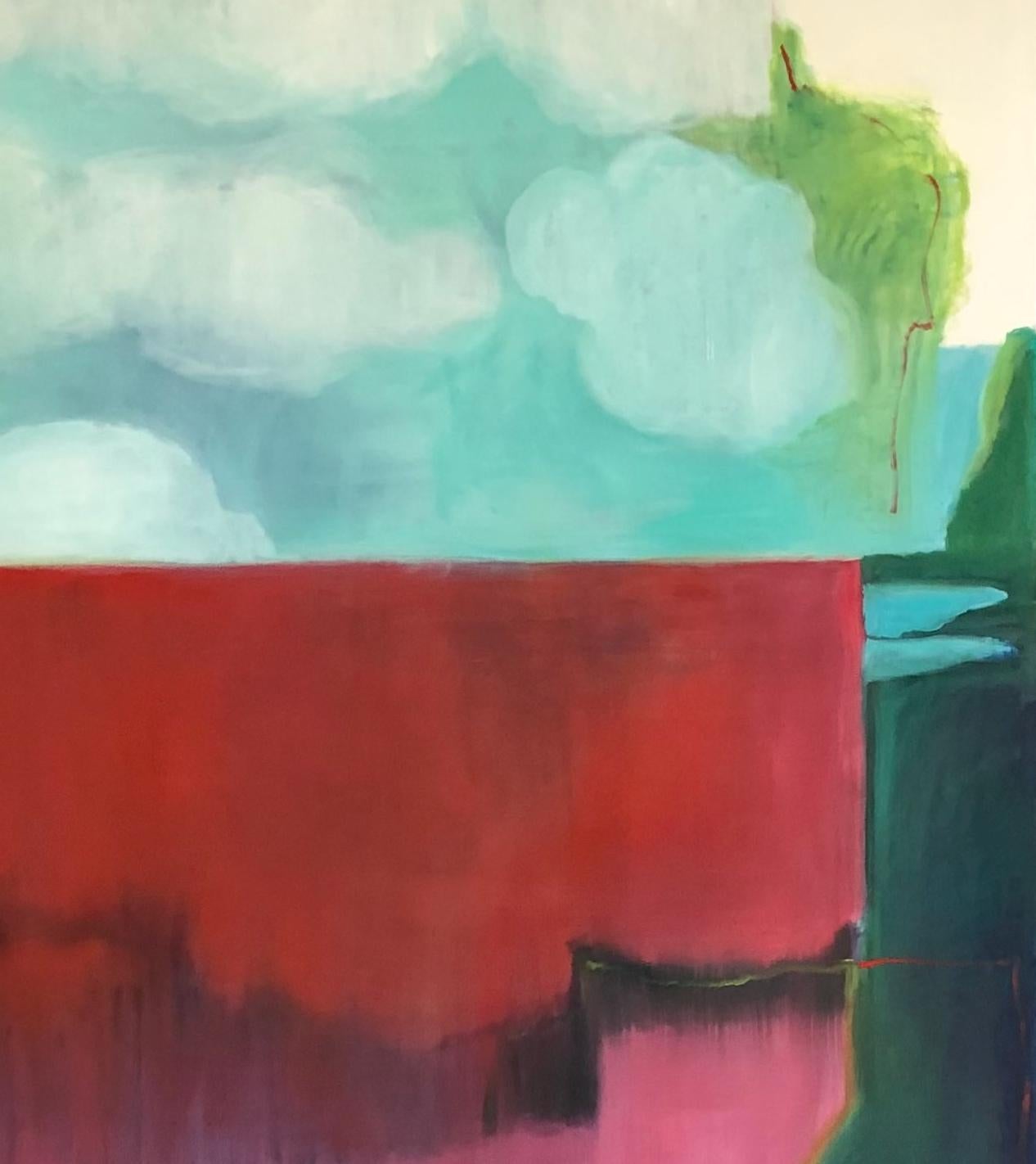 «laz..., bleu, rouge, rose vert, grande peinture à l'huile abstraite poétique  - Gris Figurative Painting par Christine Morin