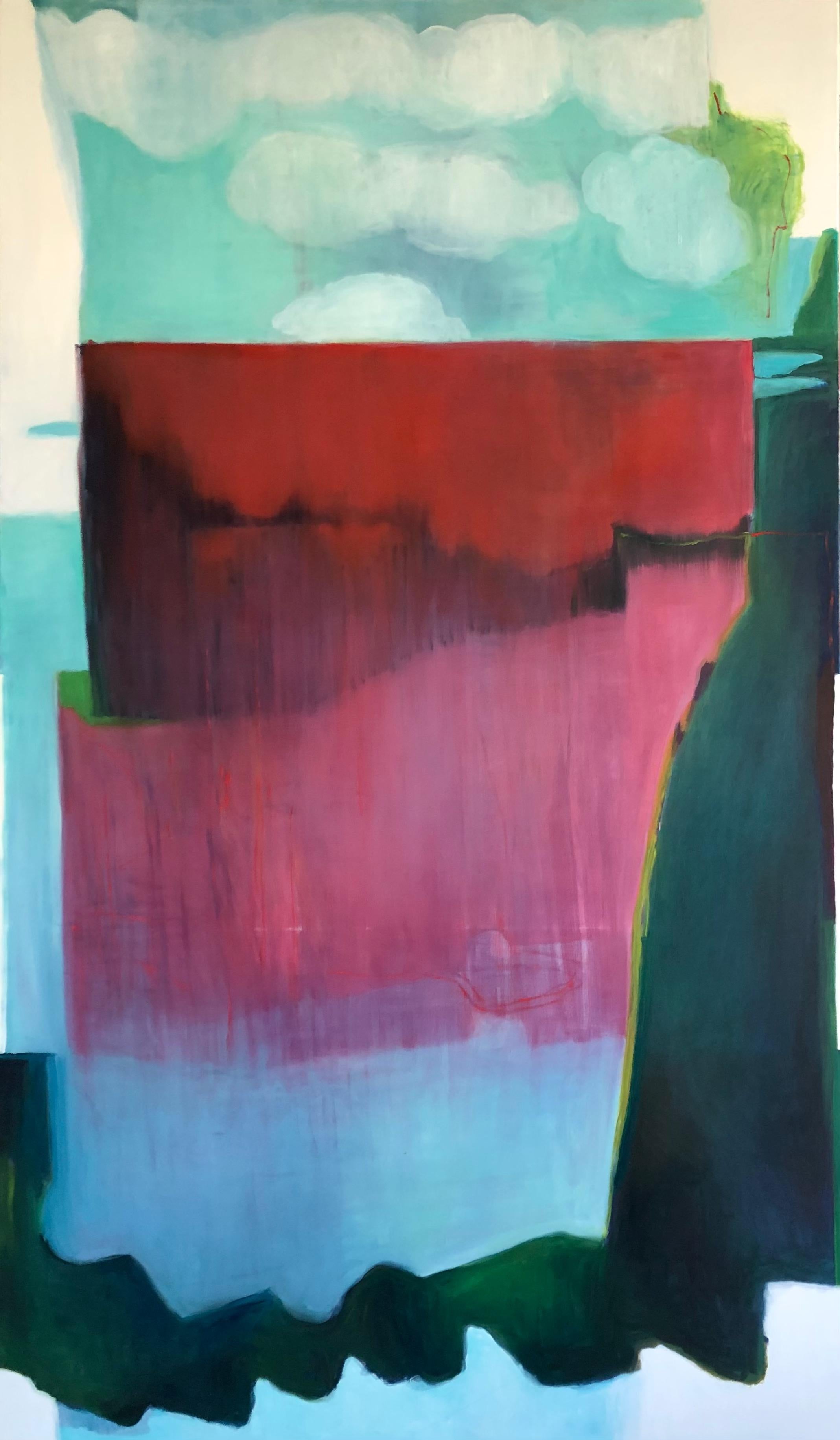Figurative Painting Christine Morin - «laz..., bleu, rouge, rose vert, grande peinture à l'huile abstraite poétique 