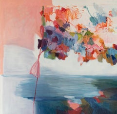 "In the Shadow of a Word", Red Rose Blue Square Abstract Poetic Oil Painting