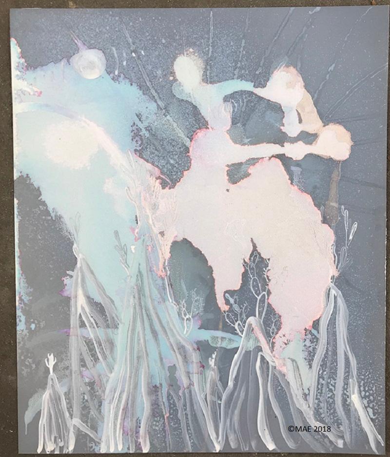 This is a beautiful layered, mixed media piece using acrylic ink, salt water and salt crystals, on unprocessed photographic paper. 

20x24 in.
Signed en verso. Singular piece. 
The video shows close up of the salt crystals listening off the paper as