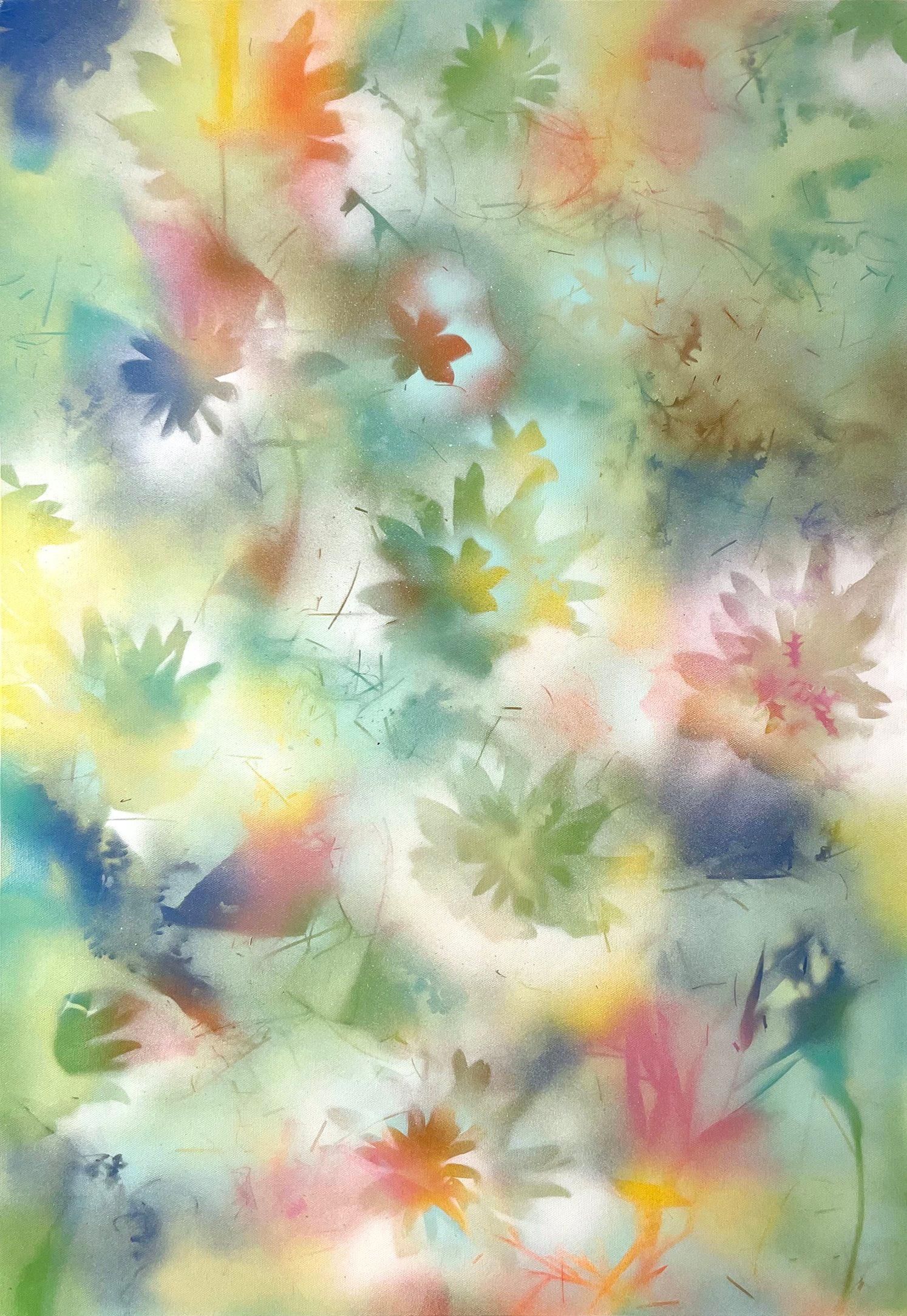 Christine Nguyen Abstract Painting - 'Sunflower Auras in Green, ' Spray paint on stretched canvas, abstract painting