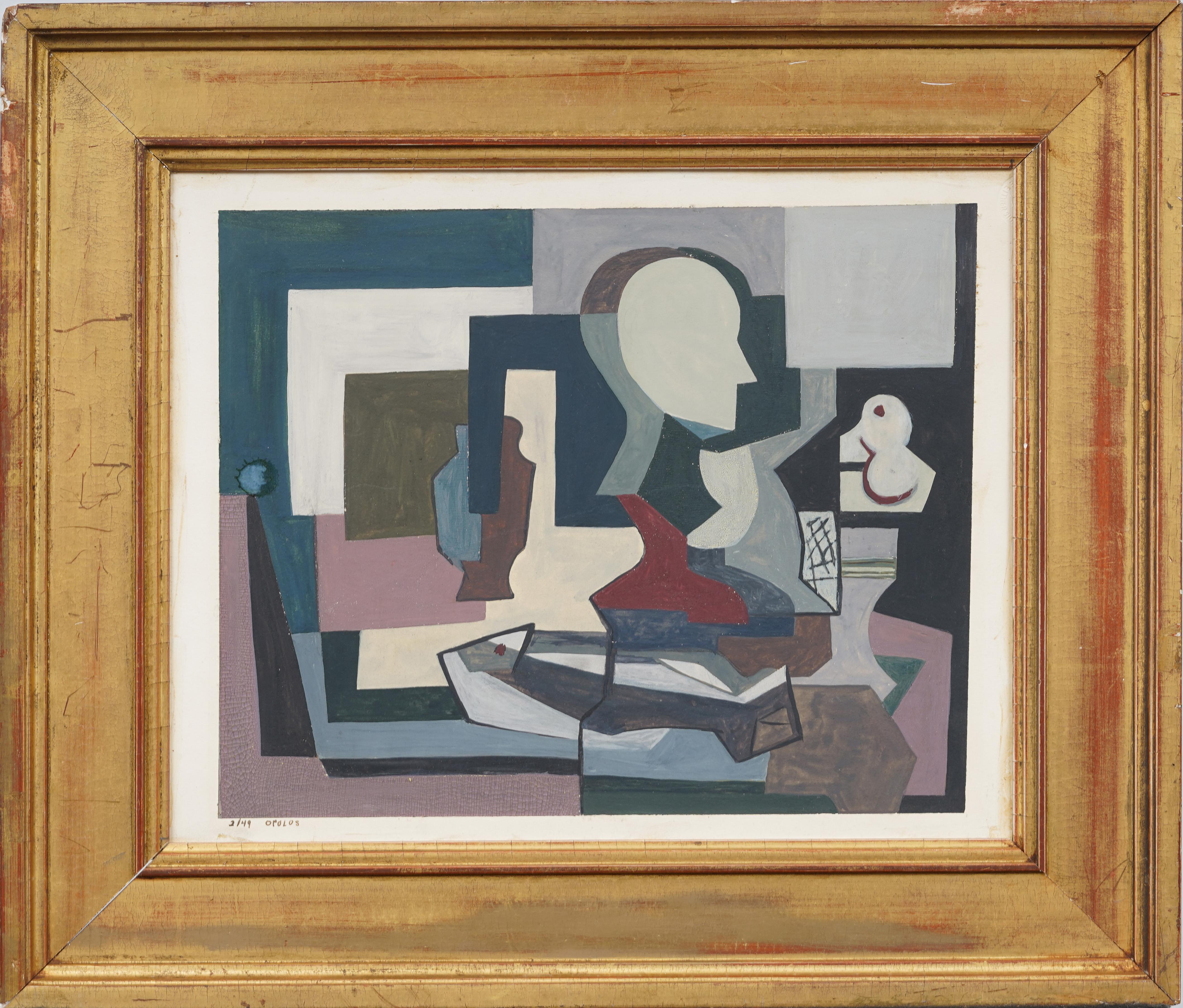 Antico quadro ad olio americano modernista cubista con natura morta in cucina, incorniciato e firmato - Painting di Christine Opolus