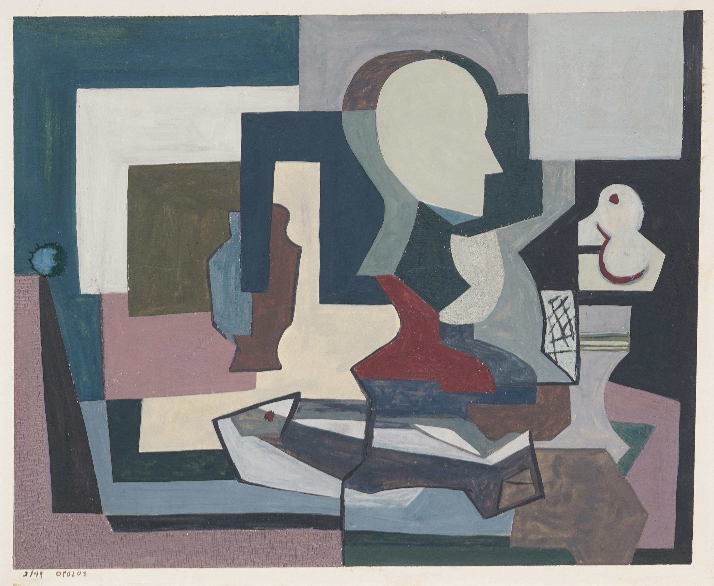 Antico quadro ad olio americano modernista cubista con natura morta in cucina, incorniciato e firmato - Painting Cubismo di Christine Opolus