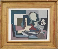 Antico quadro ad olio americano modernista cubista con natura morta in cucina, incorniciato e firmato