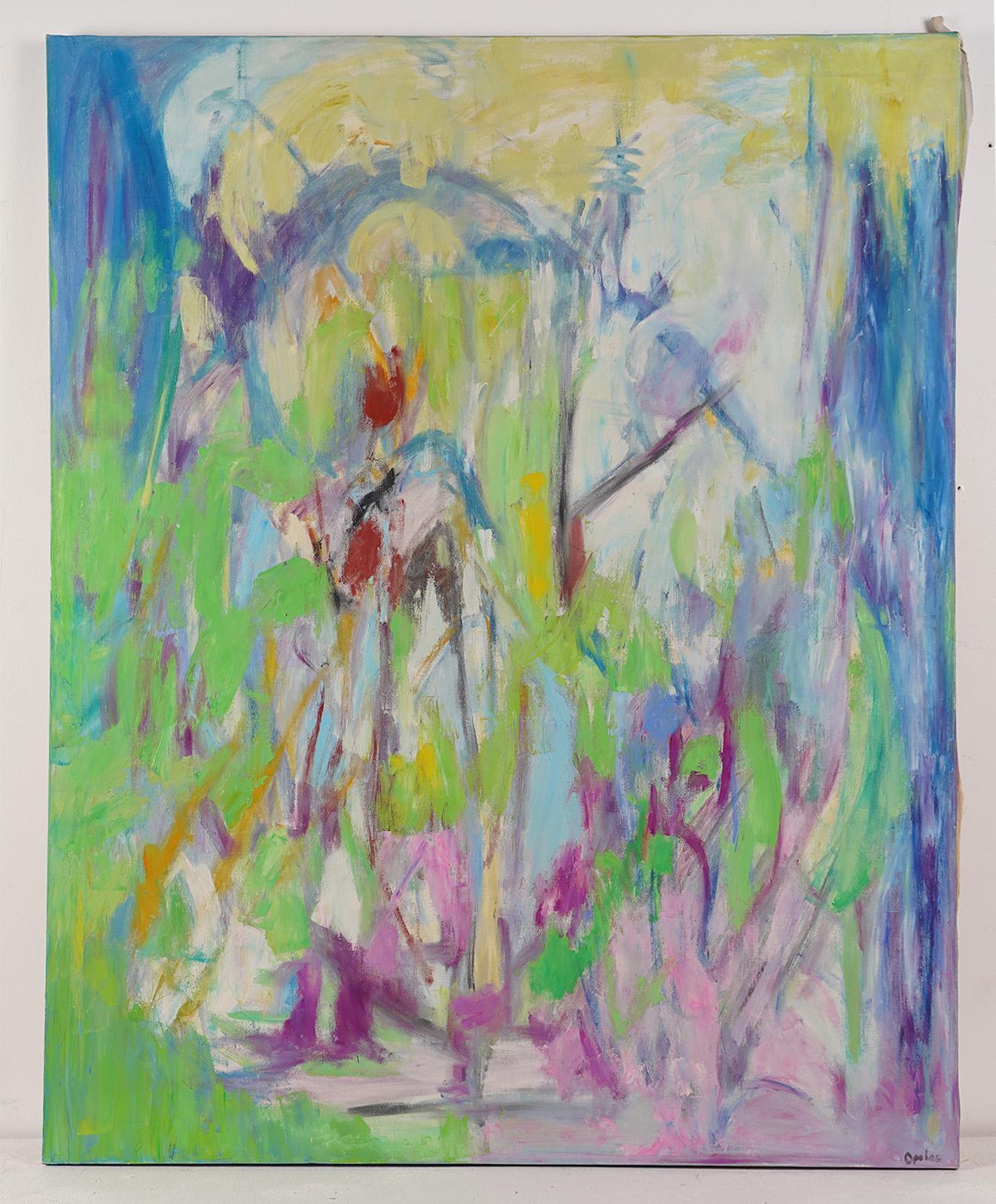 Peinture à l'huile ancienne de grande taille représentant un paysage, représentant une expressionniste abstraite féminine, signée  - Expressionnisme abstrait Painting par Christine Opolus