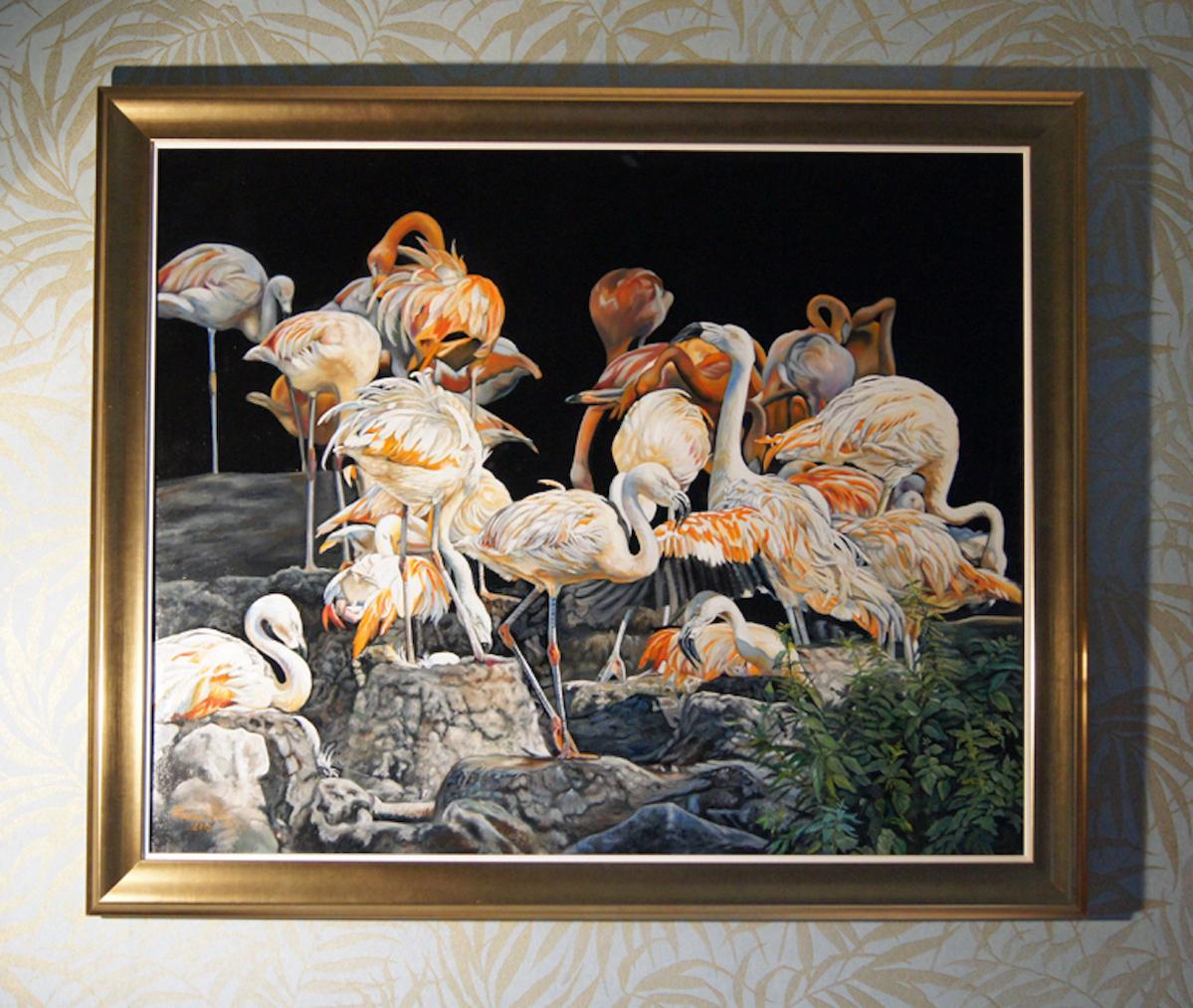 Französisches zeitgenössisches Tiergemälde von Christine Pultz – Concerto di Fenicotteri im Angebot 11