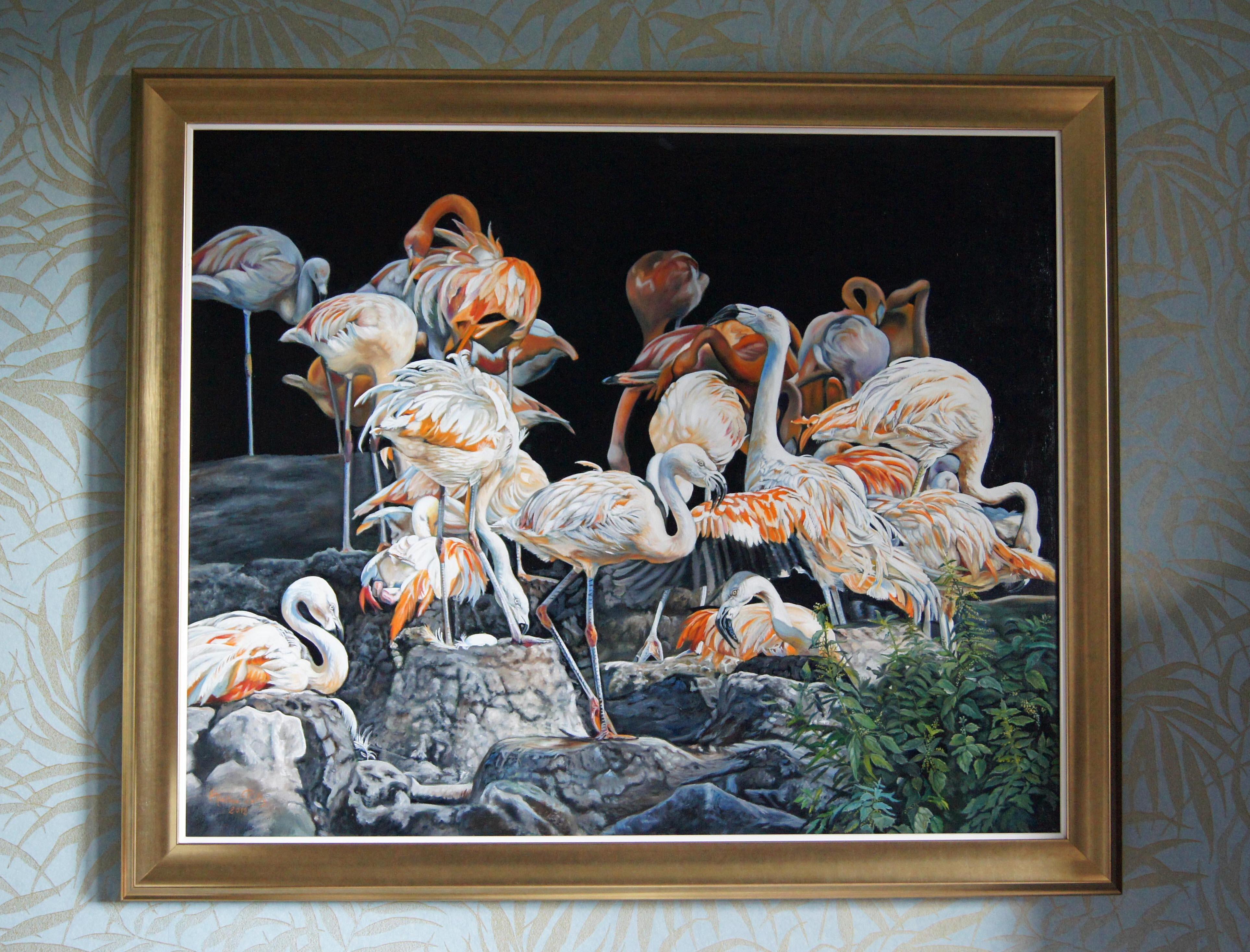 Französisches zeitgenössisches Tiergemälde von Christine Pultz – Concerto di Fenicotteri im Angebot 12