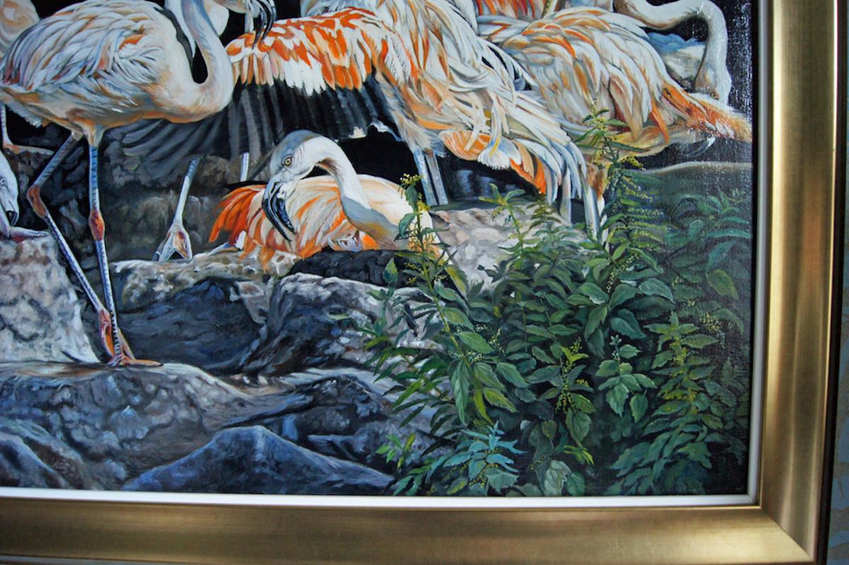 Französisches zeitgenössisches Tiergemälde von Christine Pultz – Concerto di Fenicotteri im Angebot 1