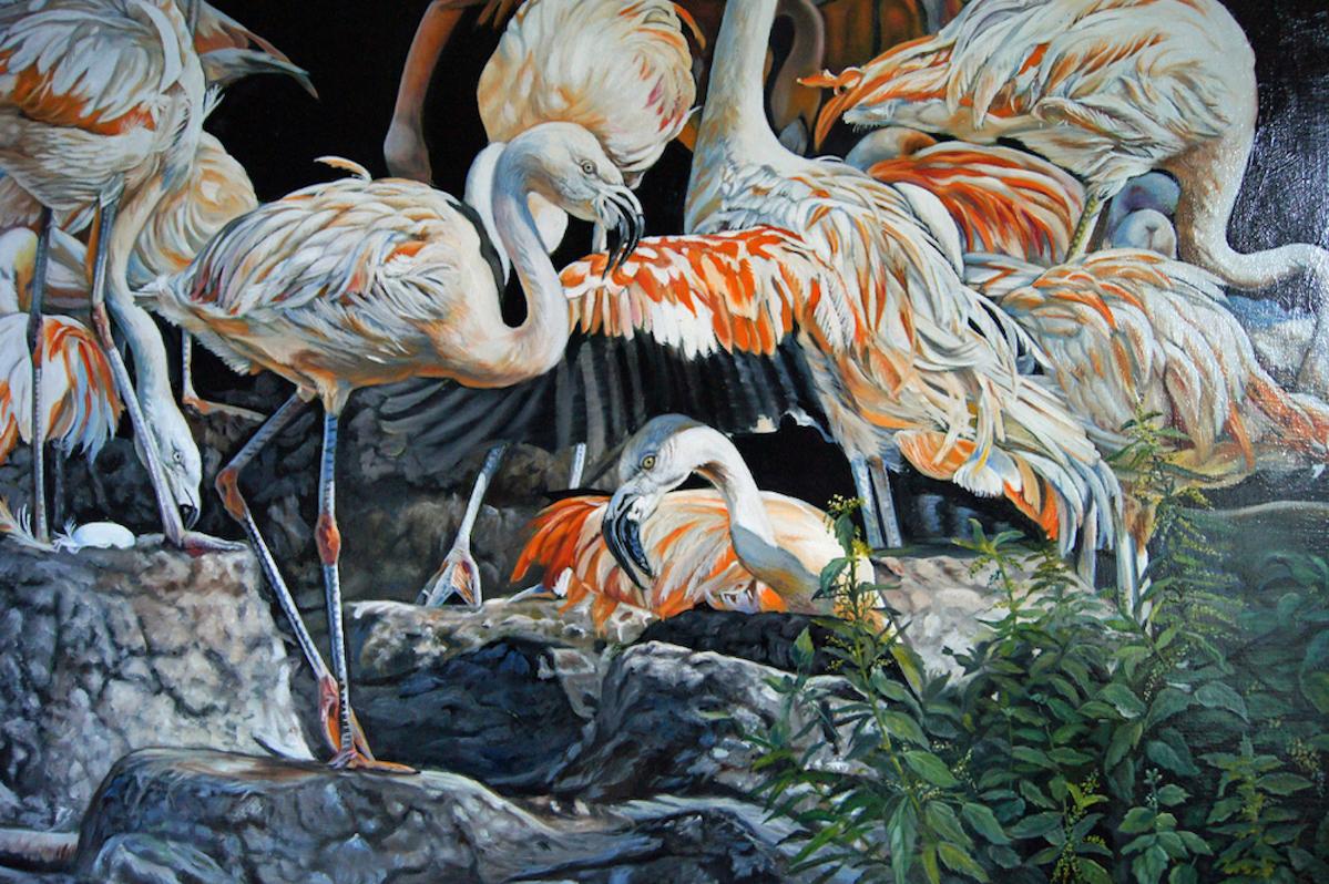 Französisches zeitgenössisches Tiergemälde von Christine Pultz – Concerto di Fenicotteri im Angebot 2