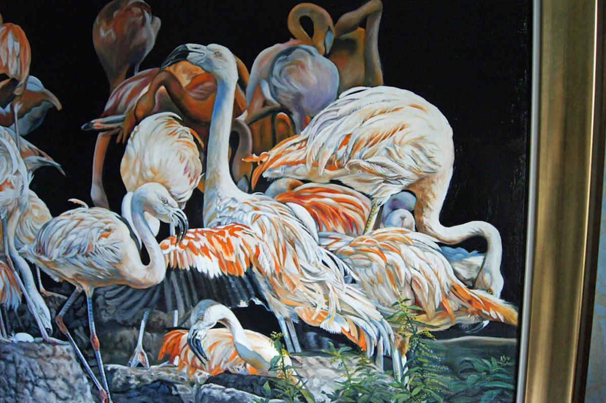 Französisches zeitgenössisches Tiergemälde von Christine Pultz – Concerto di Fenicotteri im Angebot 3