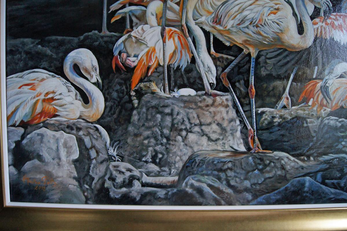 Französisches zeitgenössisches Tiergemälde von Christine Pultz – Concerto di Fenicotteri im Angebot 4