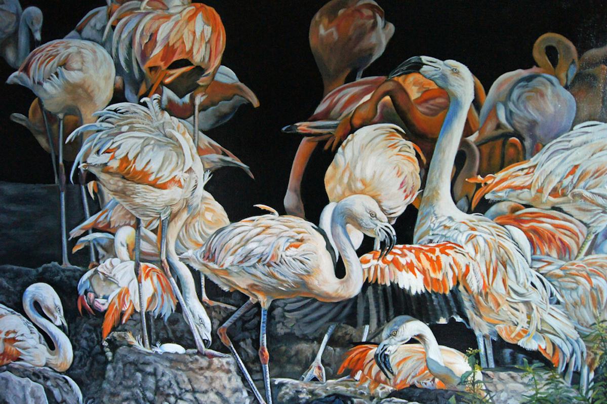 Französisches zeitgenössisches Tiergemälde von Christine Pultz – Concerto di Fenicotteri im Angebot 5